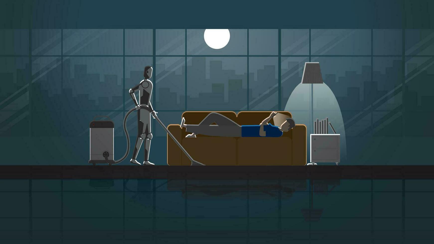 robot limpiar y trabajo como mucama en el casa para 24 horas en el oscuro y lleno luz de la luna con gente. vector