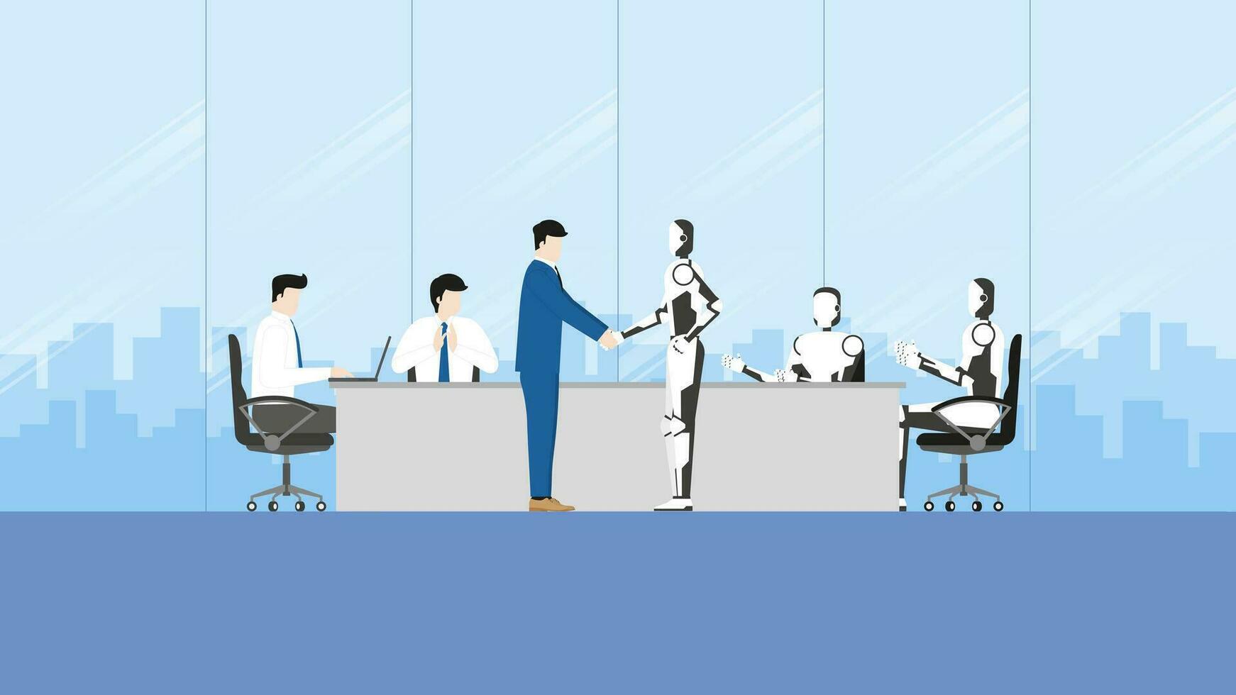 articulación aventurarse reunión en el conferencia habitación. saludo empresario apretón de manos con robot artificial inteligencia equipo. vector