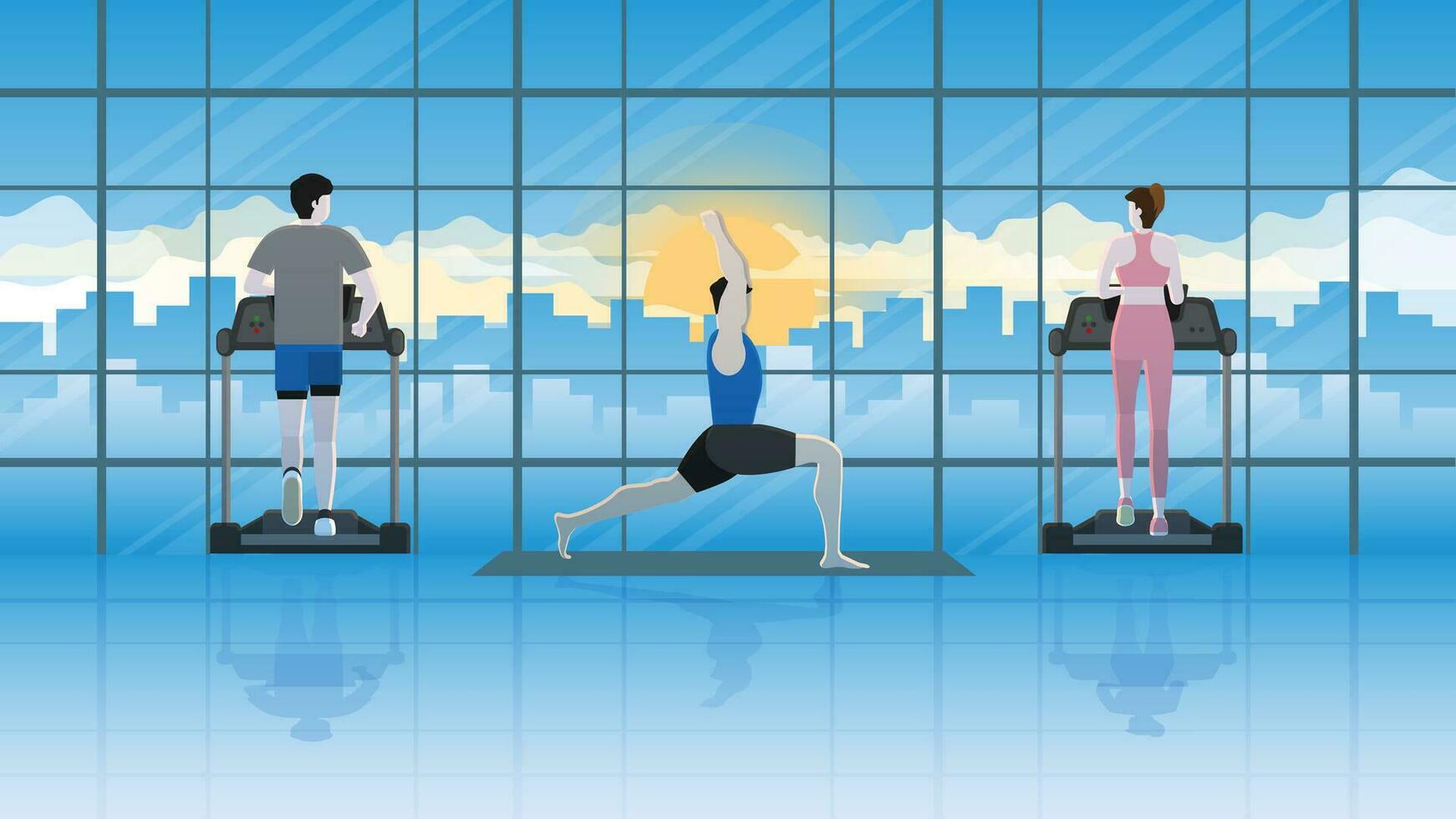 Mind and body exercise of yoga posture man on yoga mat in fitness center vector