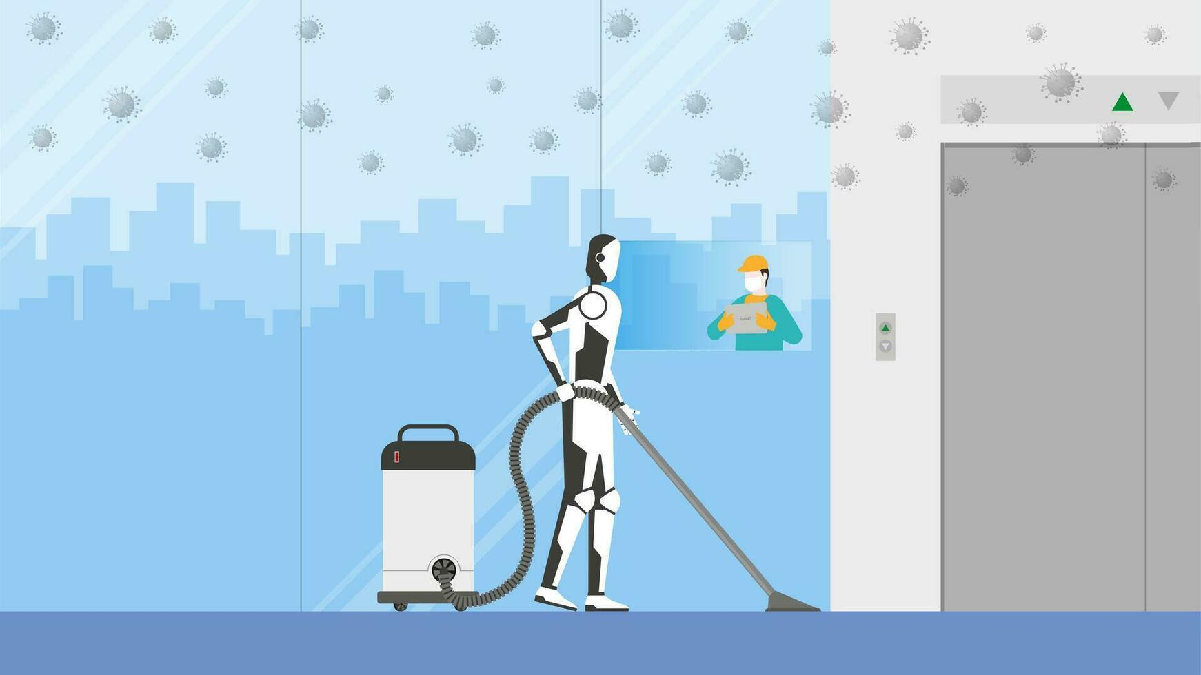 Cleaning robot control by human remote in risk area. office lift hall. vector