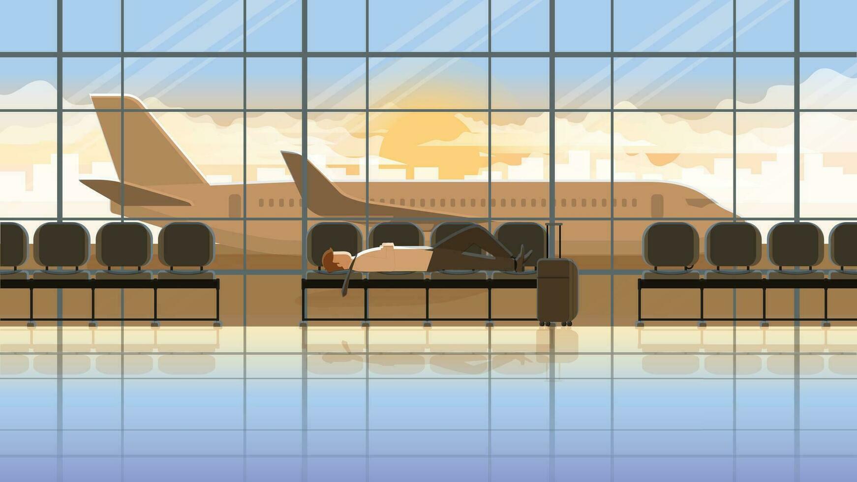 trabajo excesivo cansado oficina hombre laico abajo dormir en el asiento en el internacional aeropuerto terminal vector