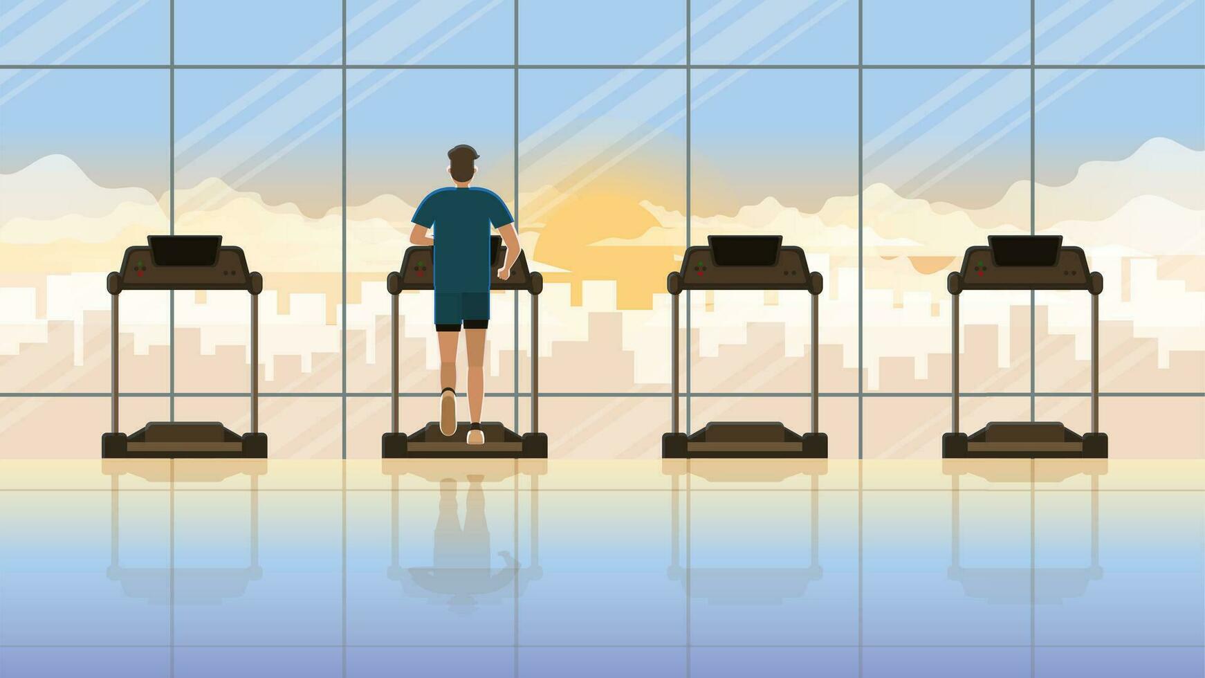 Back view of alone man running on treadmill in empty fitness center vector