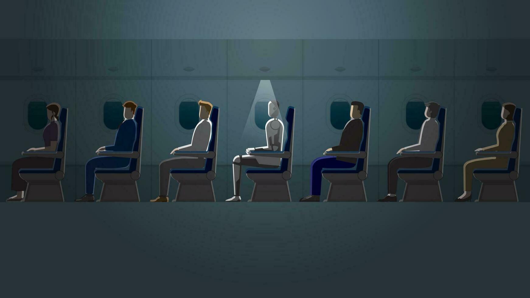 robot sentado despierto en un avión cabina en el oscuro vector
