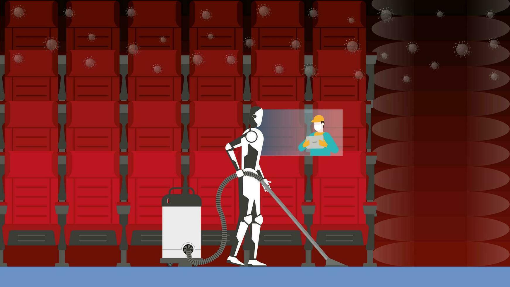 Artificial intelligence mechanism uses automatic vacuum cleaner in movie cinema theater vector