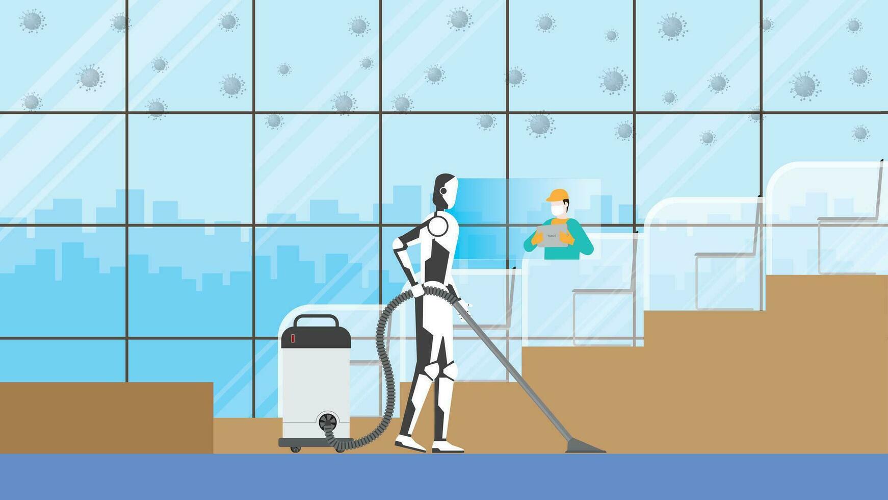 Cleaning robot control by human remote in risk area. conference hall. vector