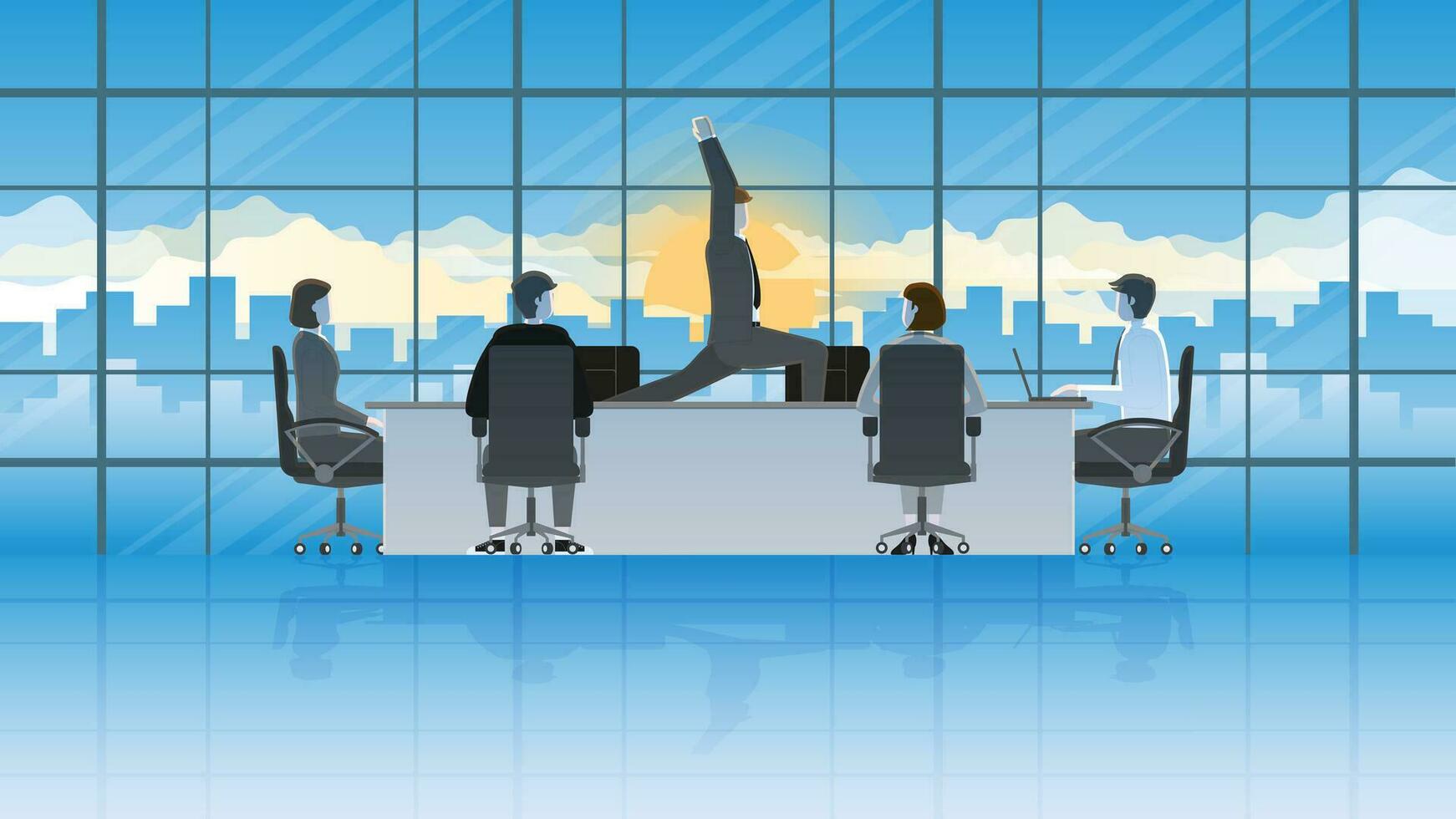 Meditation peaceful mind businessman poses yoga posture body balance in an office conference room vector