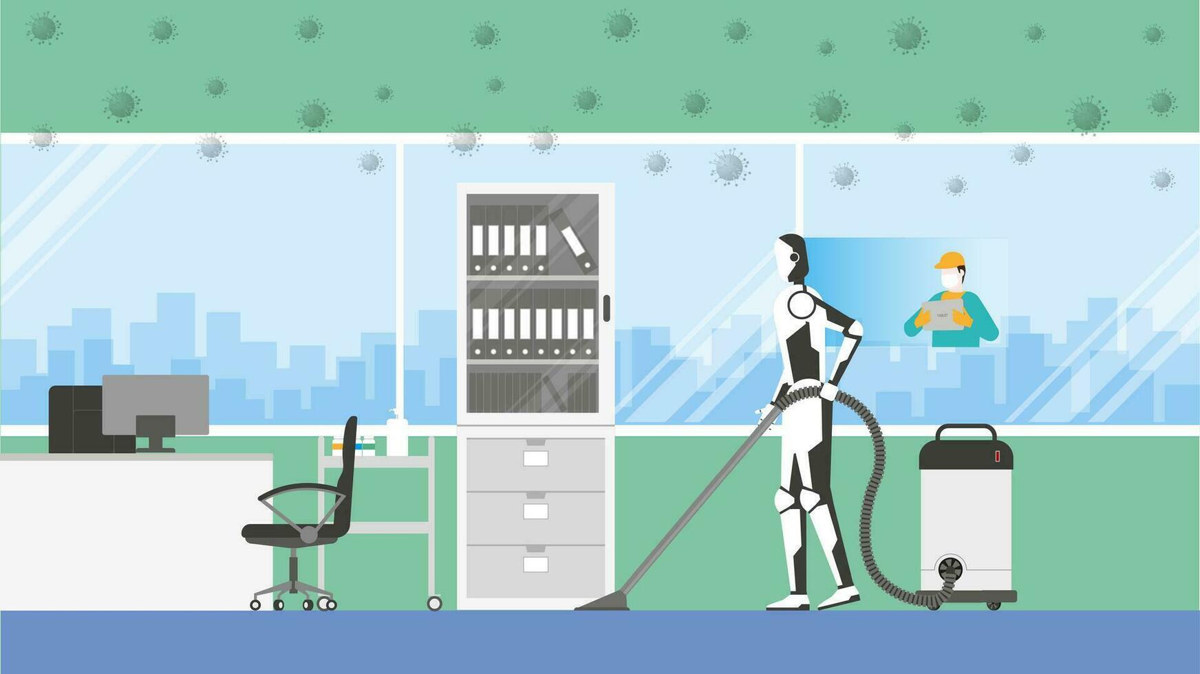 Artificial intelligence mechanism uses automatic vacuum cleaner in doctor desk in hospital vector