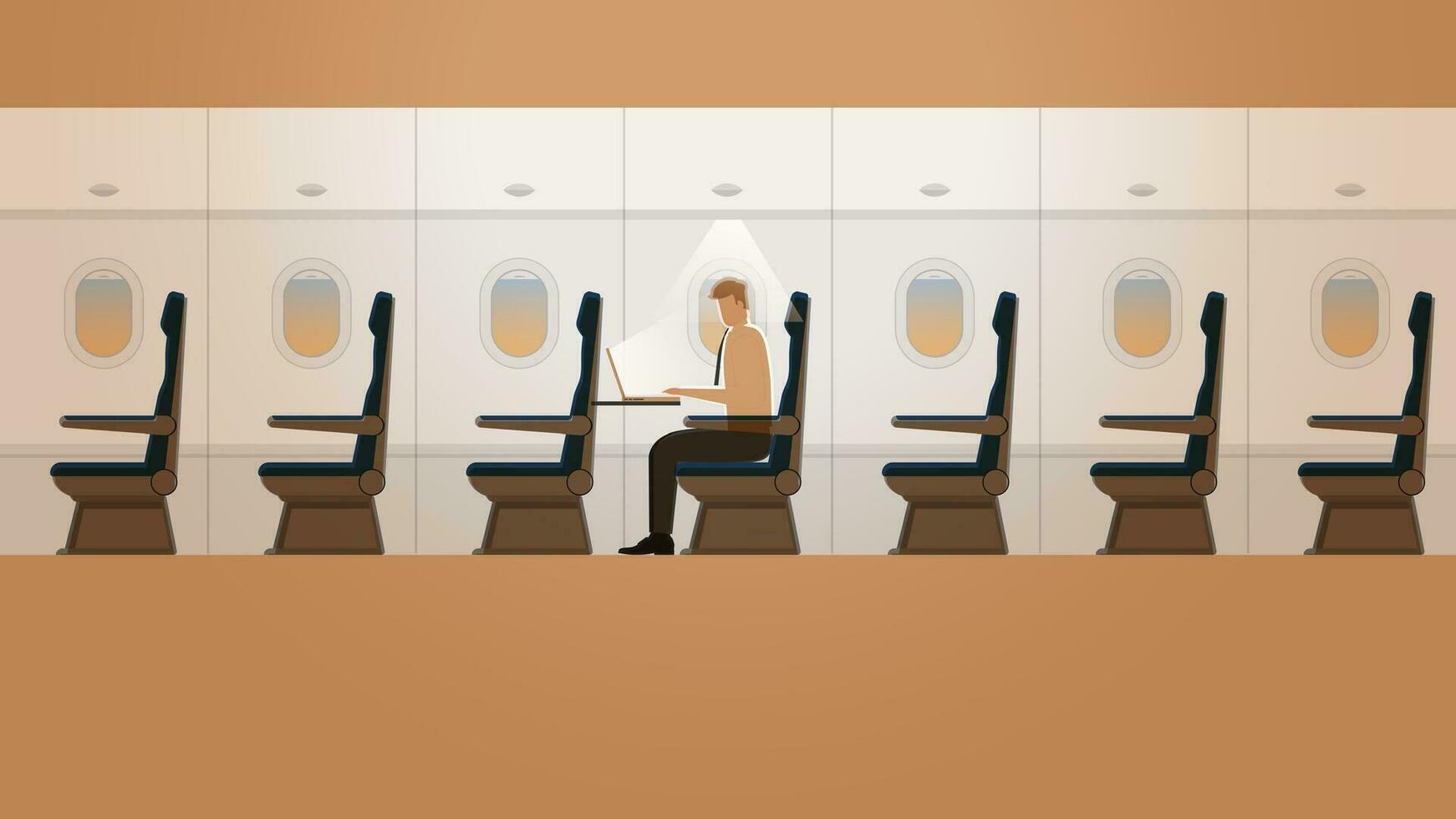 Employee salaryman working with laptop notebook in a plane cabin alone in the dark vector