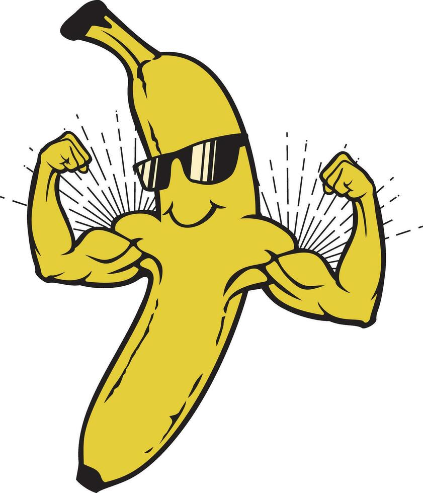 Funny Banana with Strong Arms and Sunglasses. Vector Illustration.