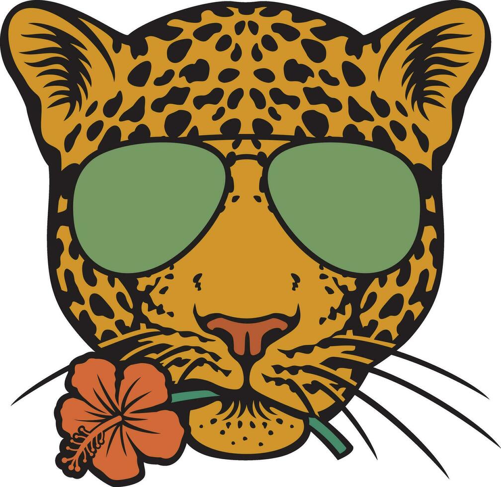 jaguar cabeza con aviador Gafas de sol y hibisco flor. vector ilustración.