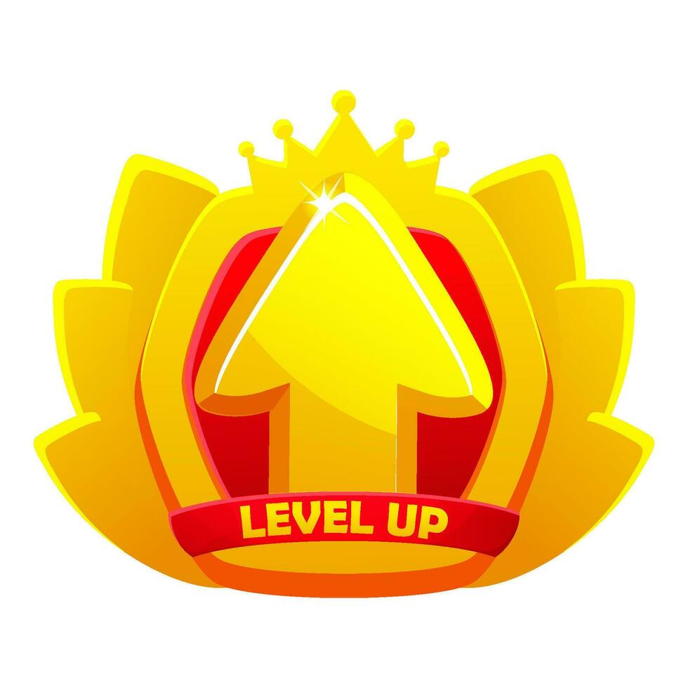 Game level up badge icon. Vector bonus rank reward emblem with golden raising arrow, crown, and shield.