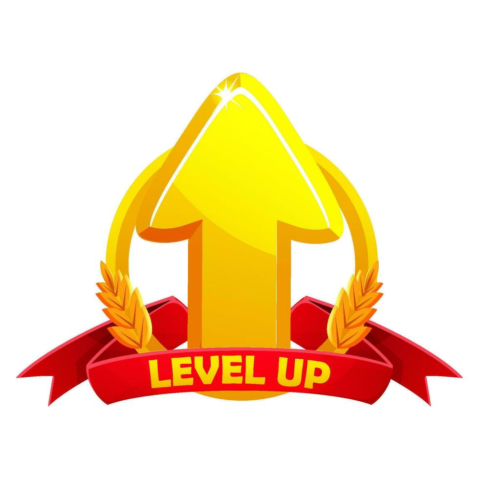 Game level up badge icon. Vector bonus rank reward emblem with golden raising arrow and award ribbon.