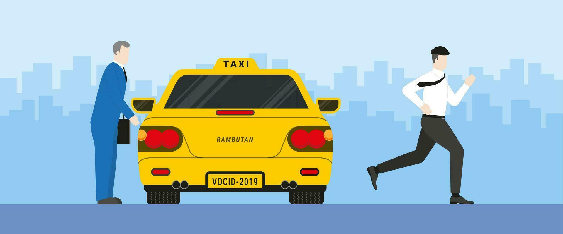Urgent lifestyle concept. Office man running while businessman grab the taxi. vector