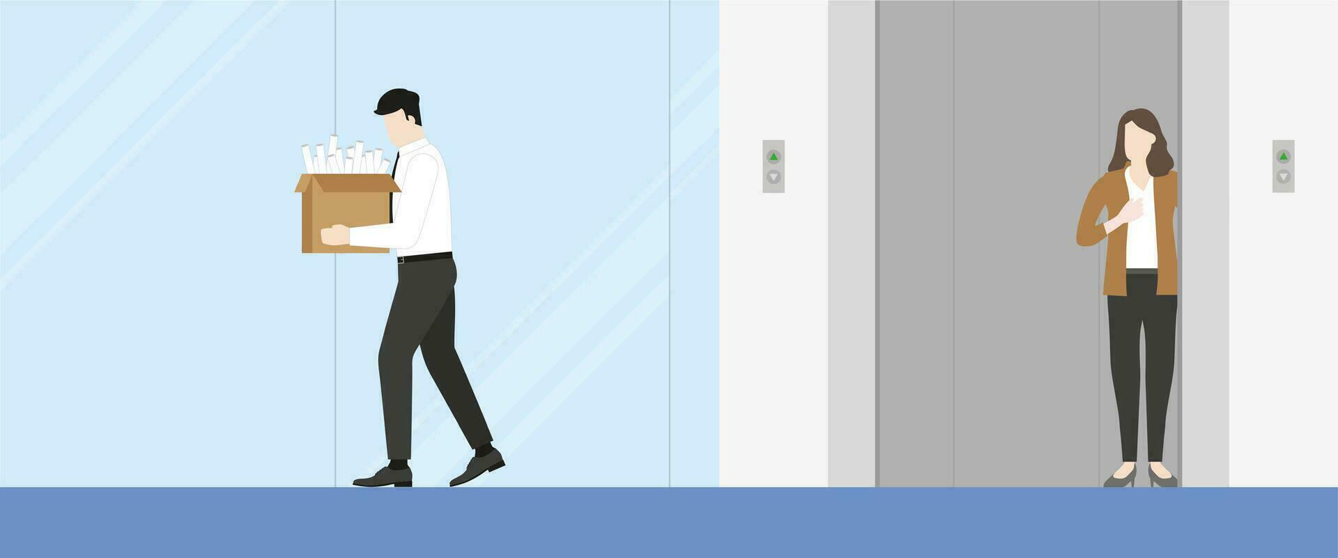 Layoff concept. Unemployed office man with his box of properties leaving from lift workplace. vector