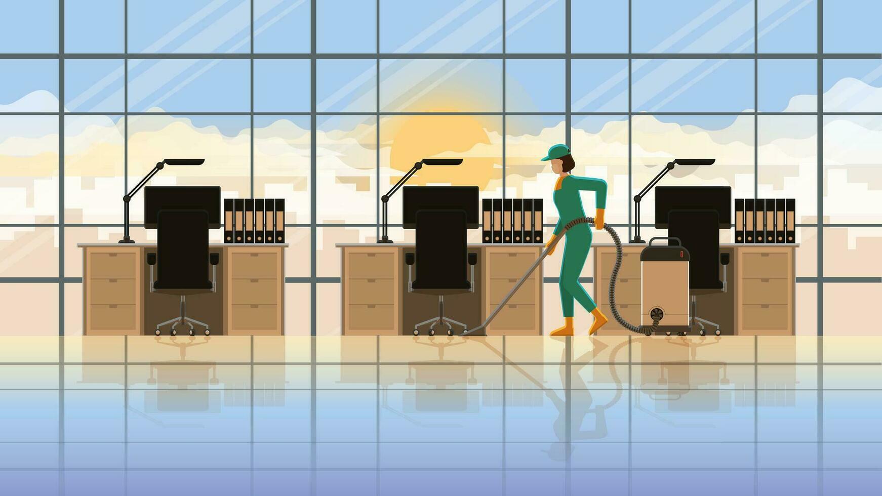 A woman cleaning maid working at office working room in early morning vector