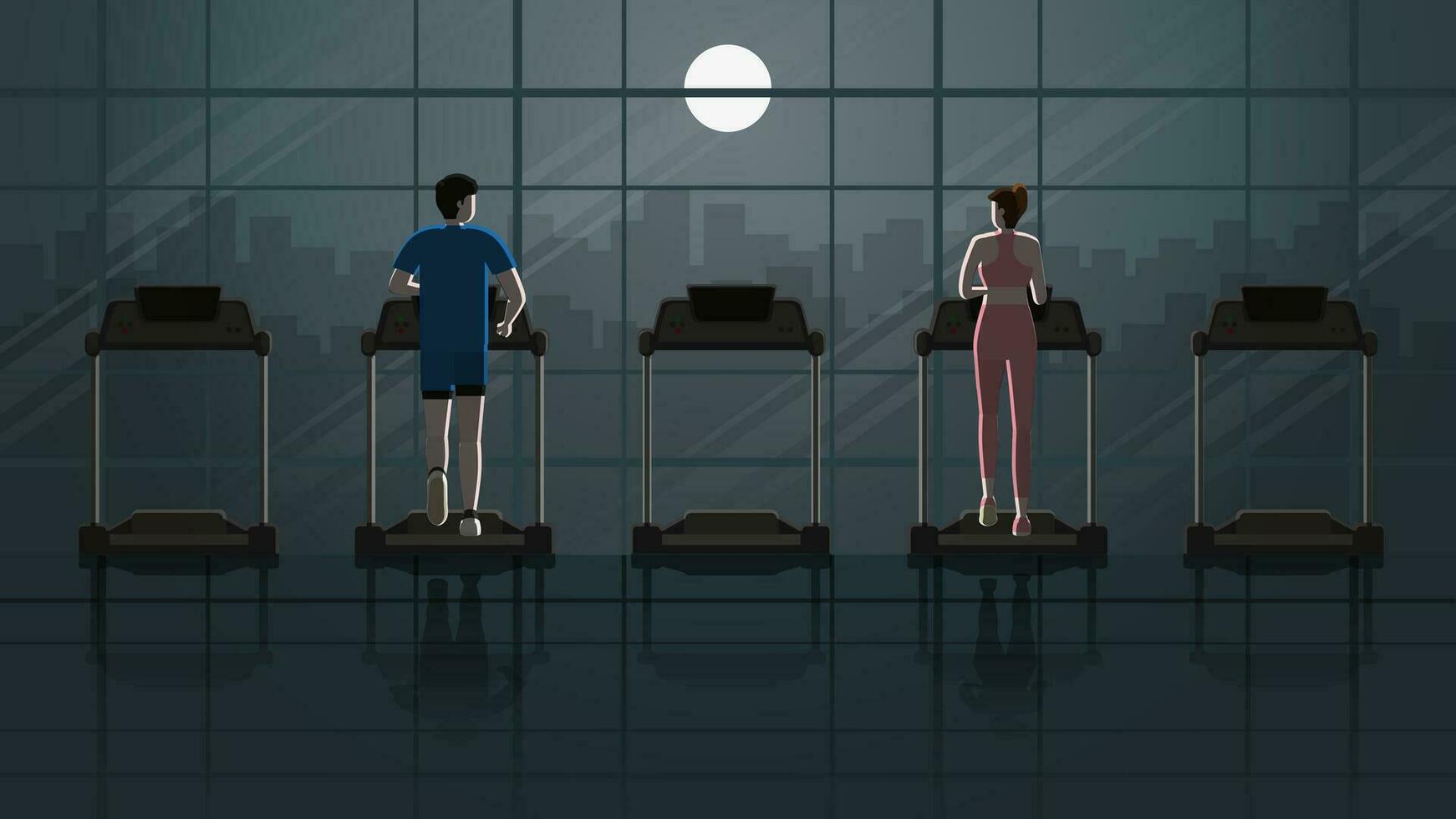 Love at first sight between man and woman running on treadmill vector