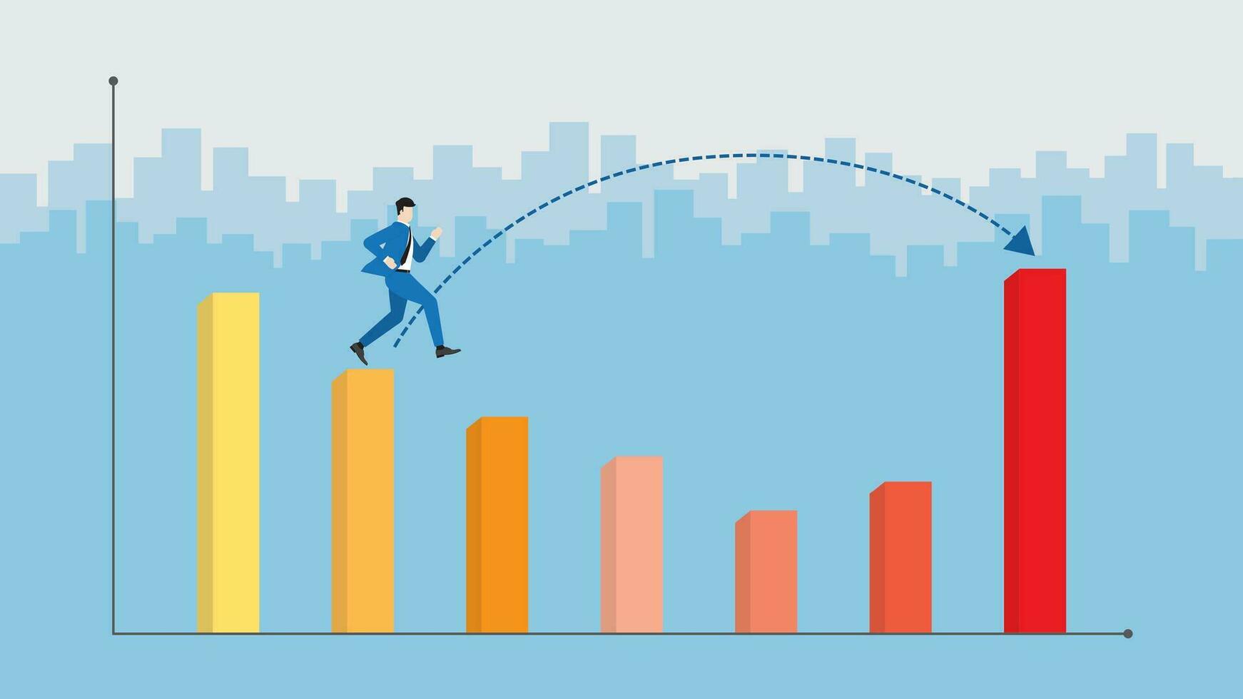 Visionary business leader. Businessman jumping across the loss profit graph vector