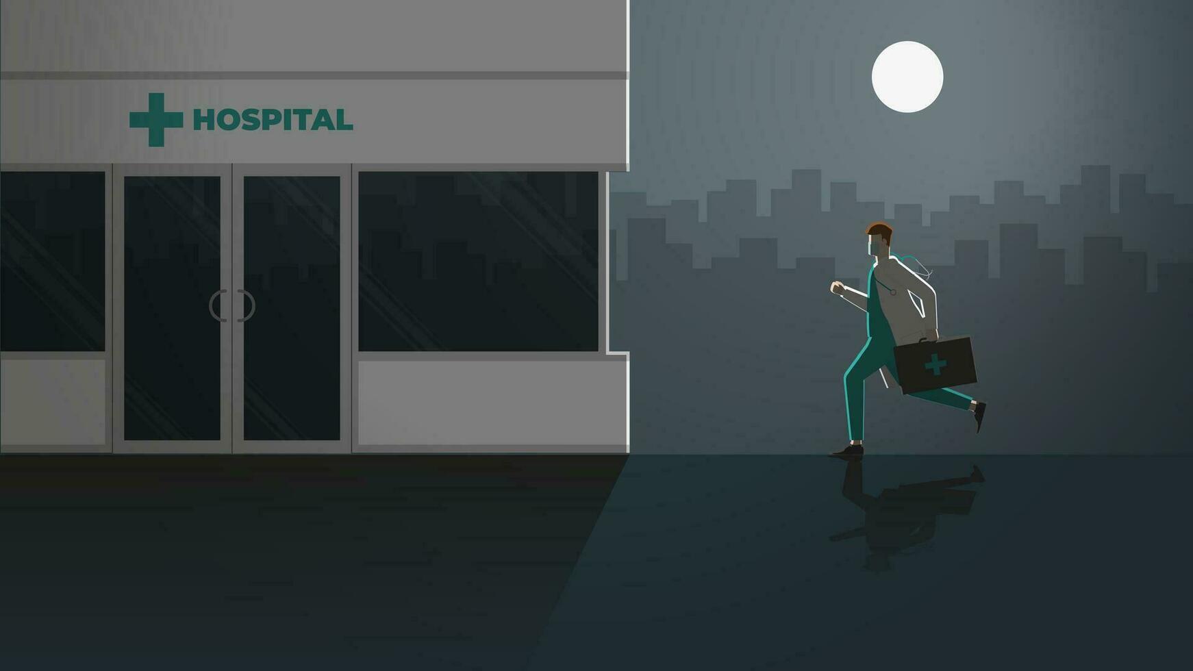 Responsibility doctor run to hospital at night outdoor. Rush hour medical lifestyle vector