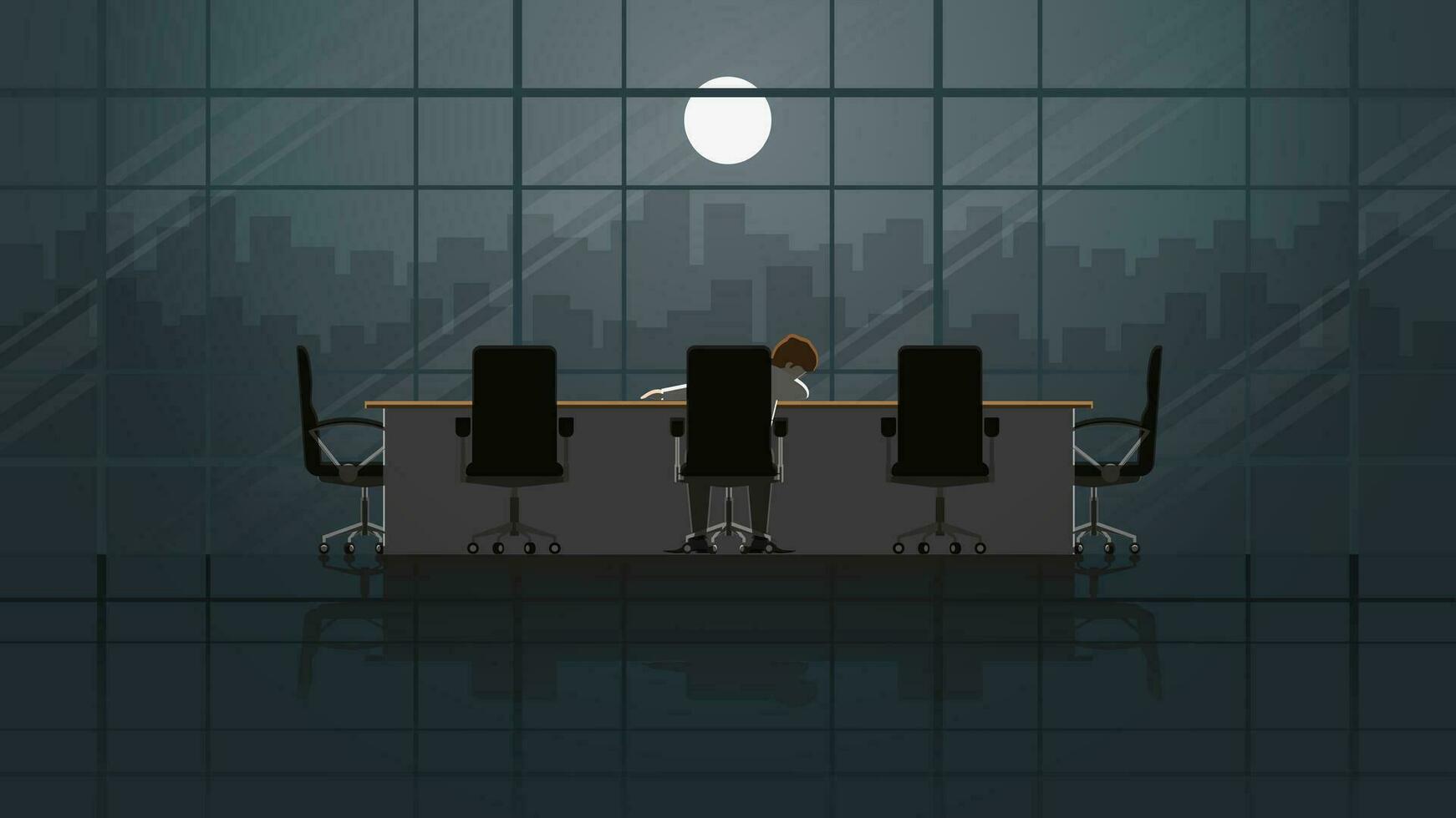 A office man sit and sleeping in office meeting room workplace at night. vector