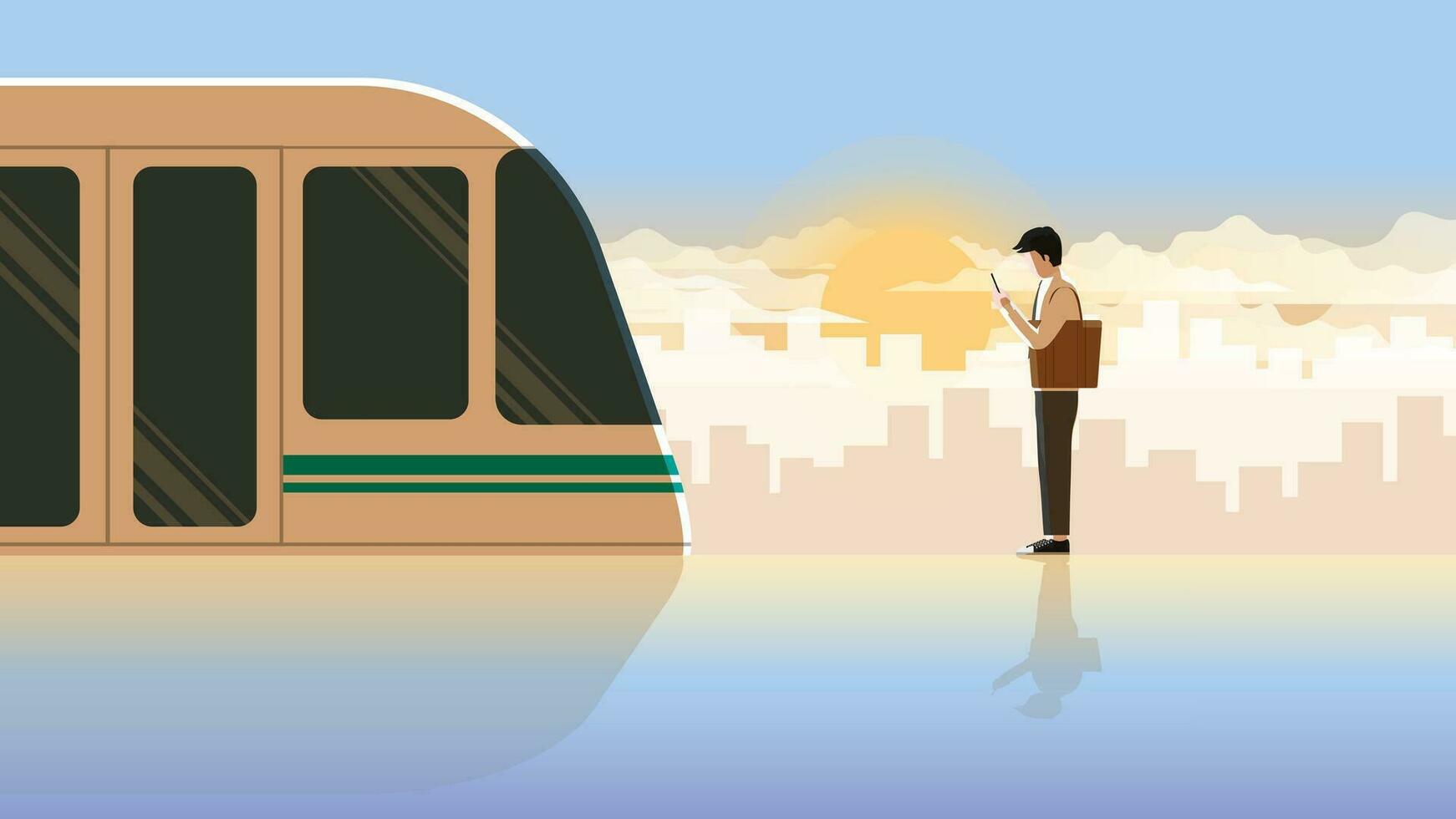 Alone office man first jobber use smartphone waiting in public transportation station vector
