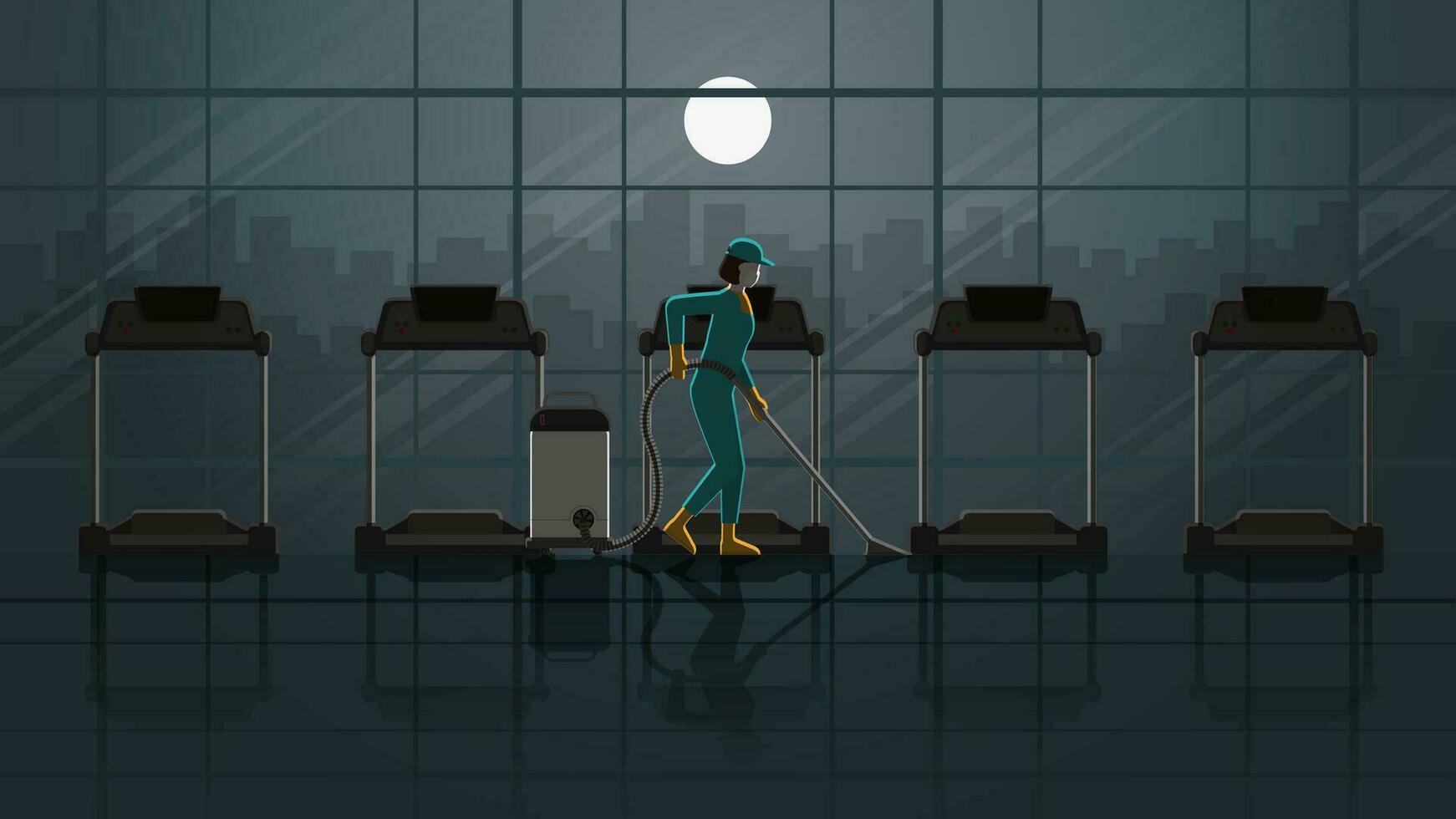 A woman cleaning maid service working in fitness center treadmill at night vector