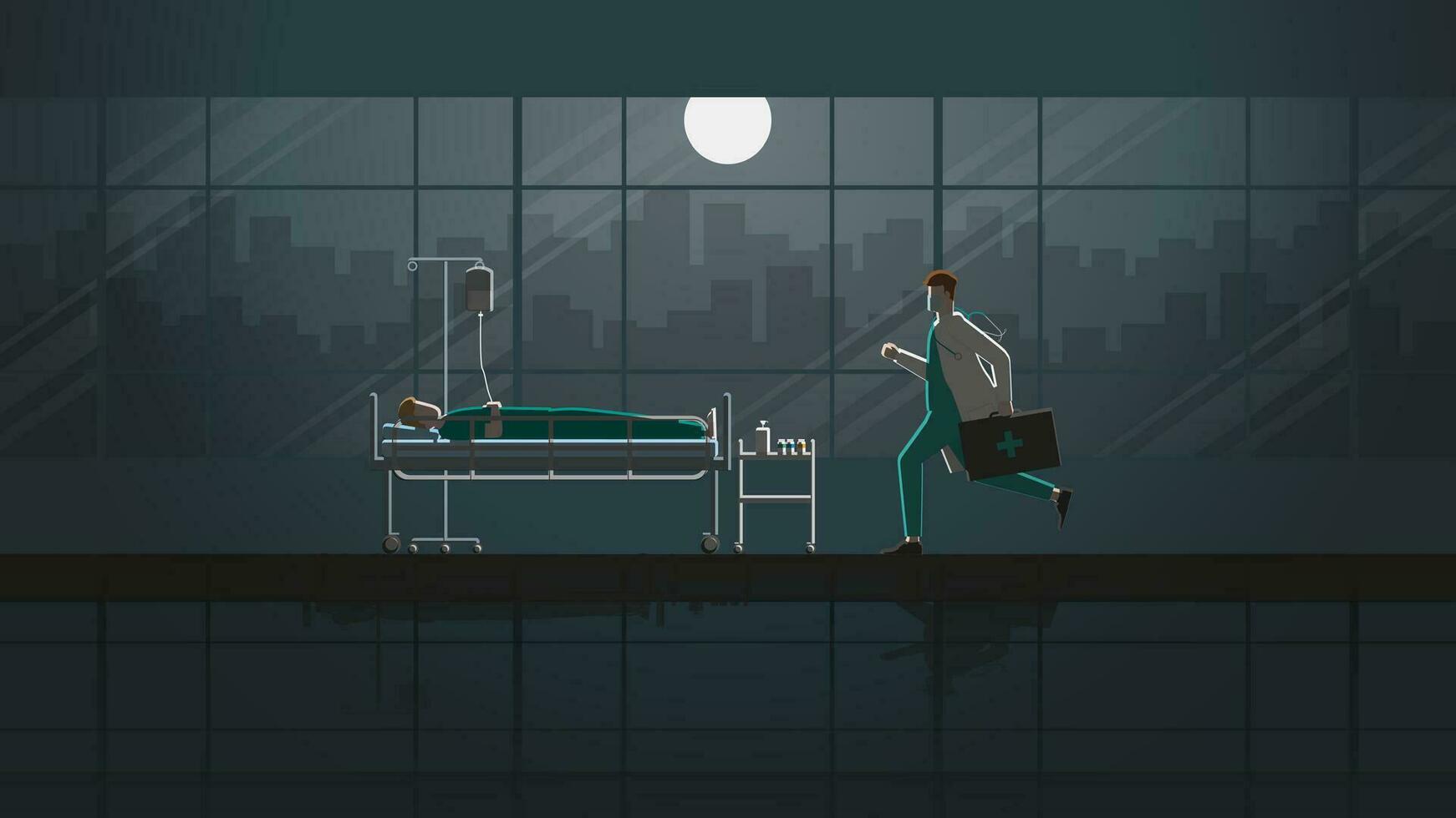 Doctor run for sick patient sleep on bed in hospital ward at night. vector