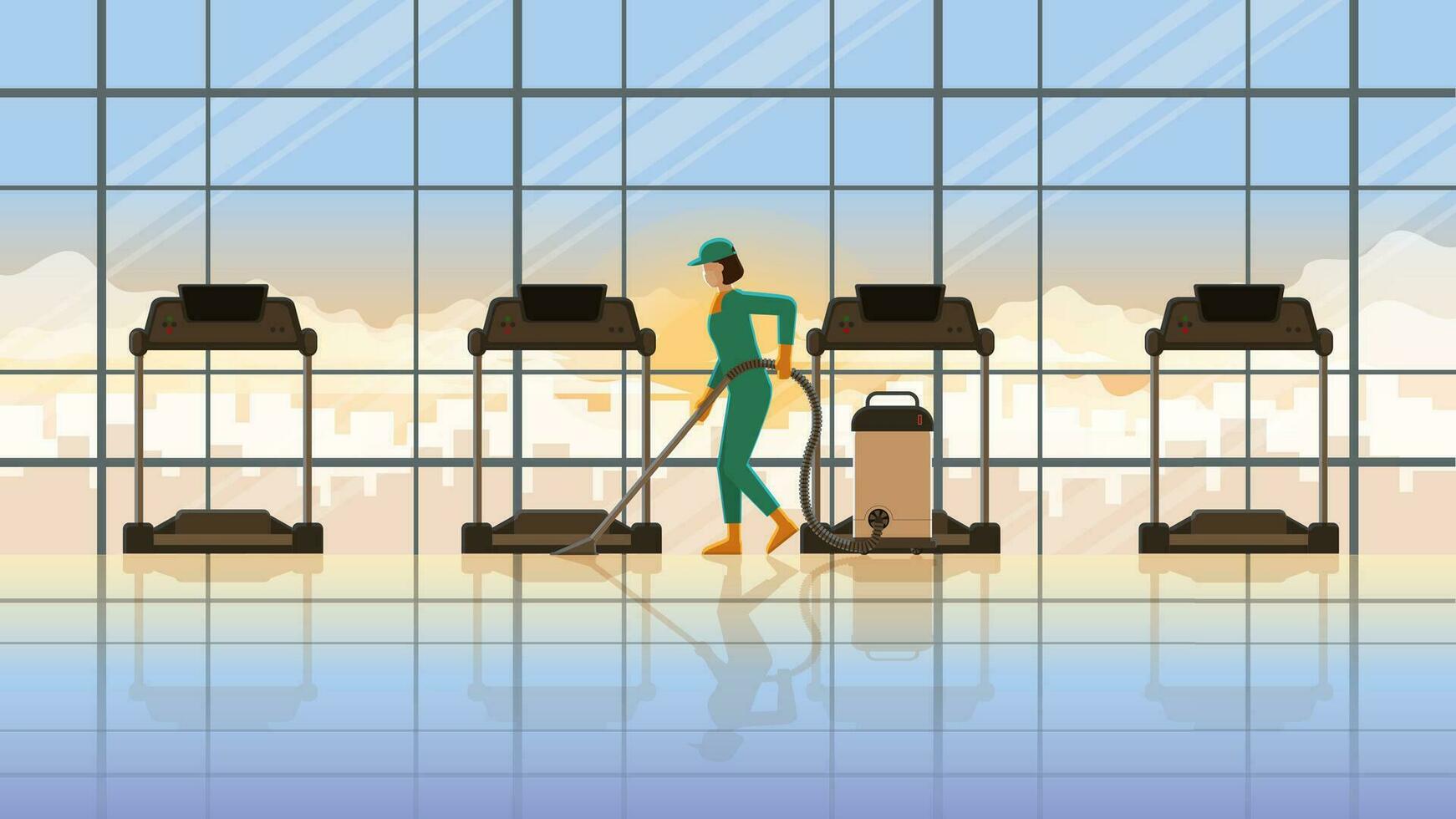 Vector idea of a woman cleaning maid working at treadmill fitness center