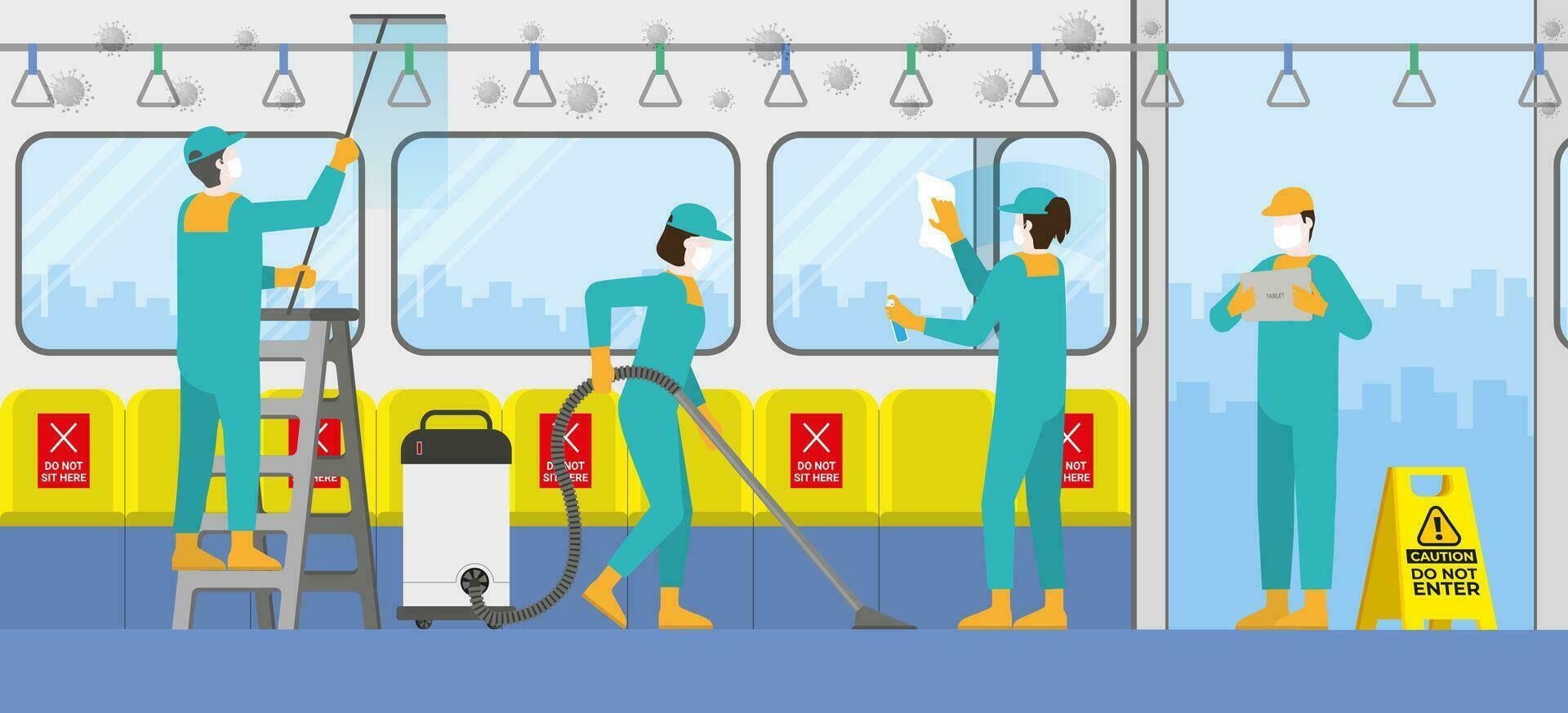Cleaning team in train public transportation. Clean and check inspect vector