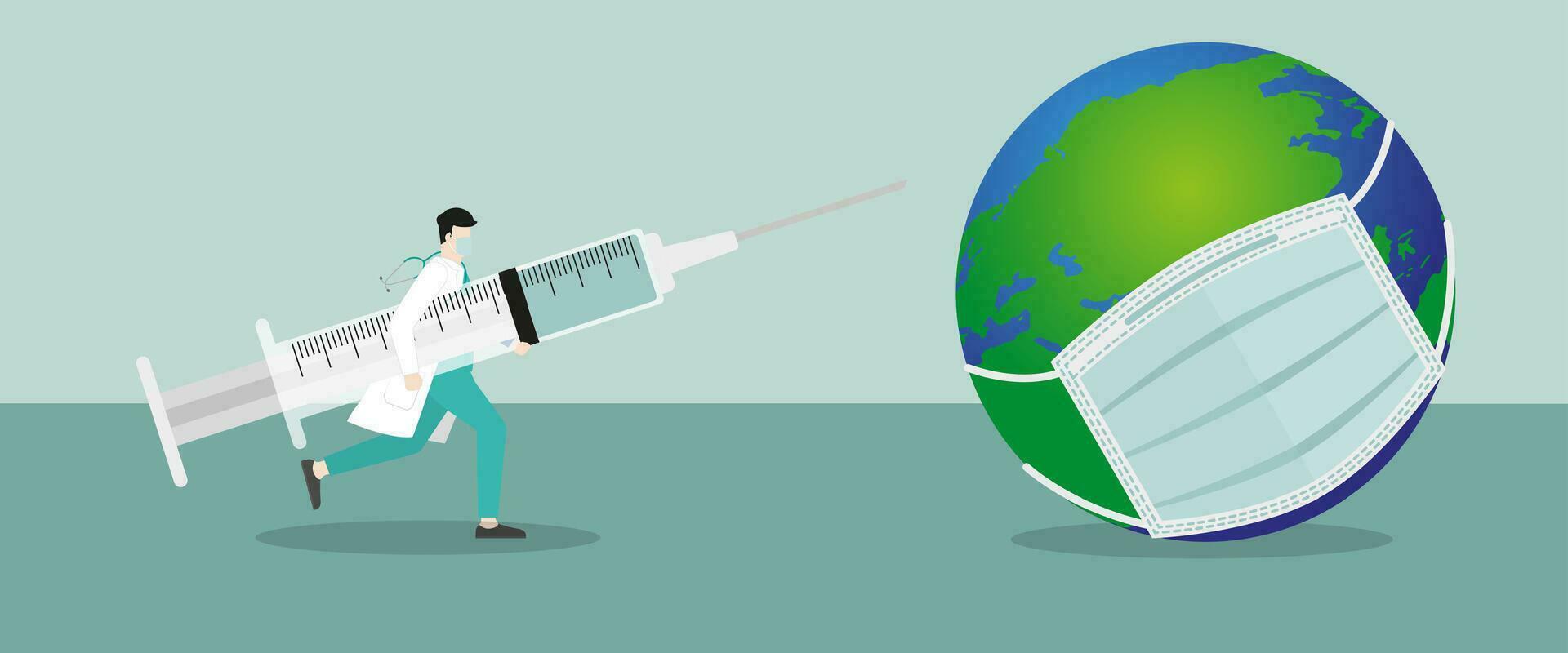 Doctor hold the the very big syringe and run to the world vector