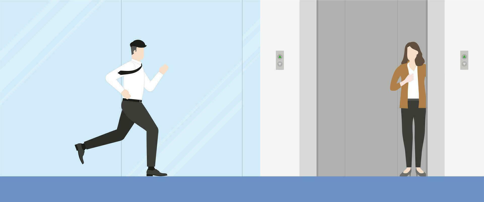 Urgent lifestyle concept. Office man running to office lift. vector