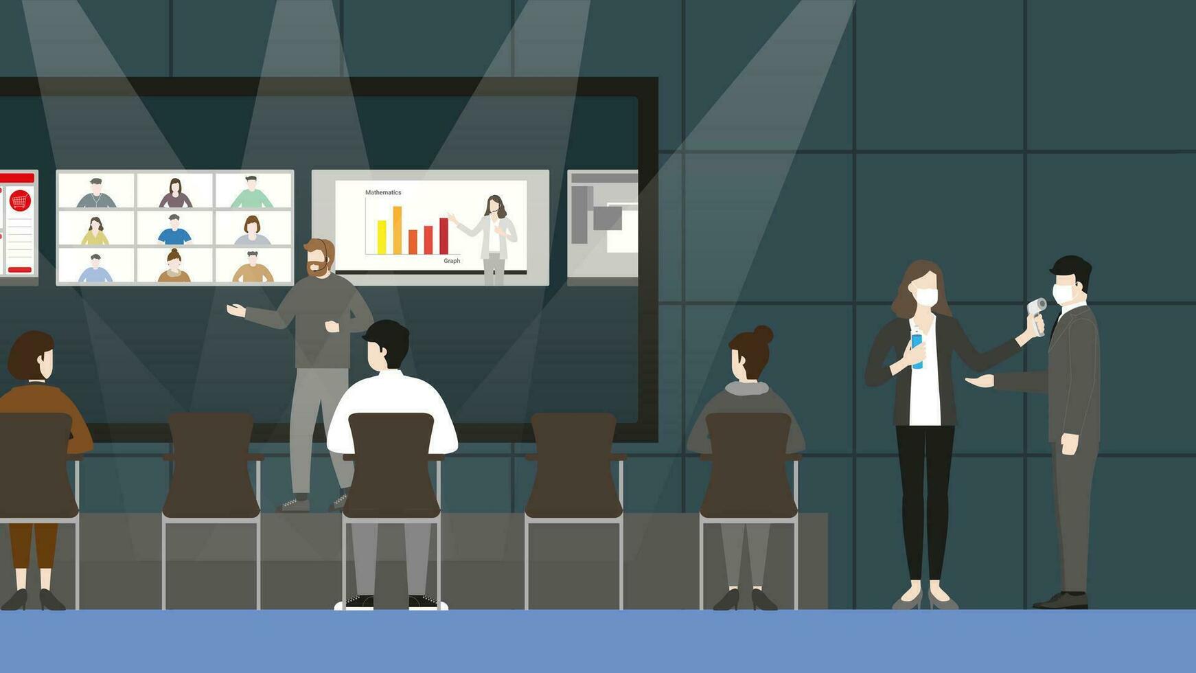 New normal lifestyle in conference hall concept. Technology presentation vector