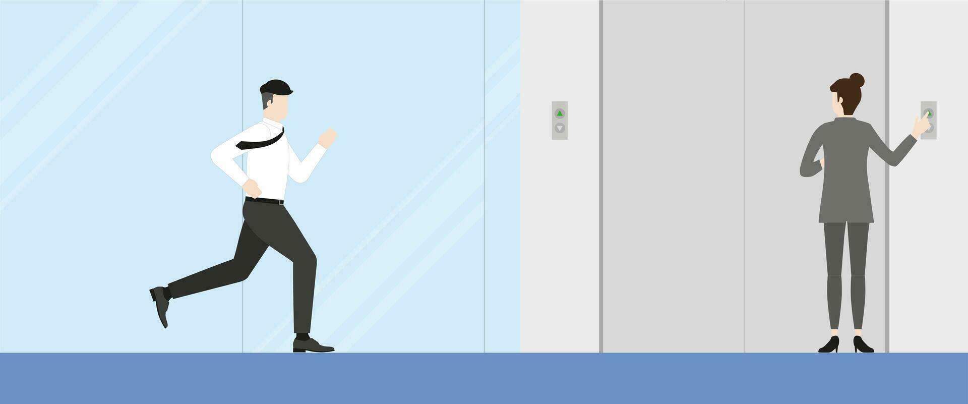 Office man running to office lift. Hurry up in rush hour of occupation vector