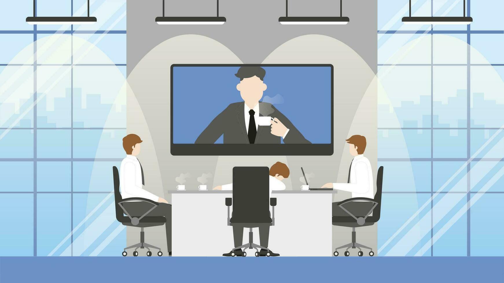 Tired salary man sleeps while in by video conference meeting vector