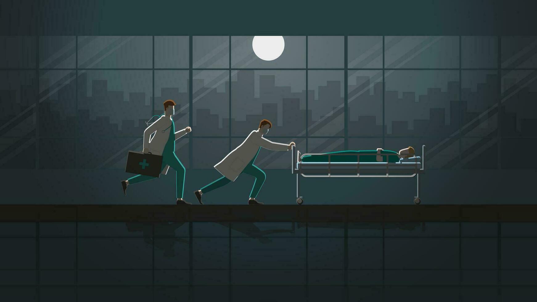 wo doctores correr y empujar enfermo paciente dormir en cama en hospital sala a noche vector