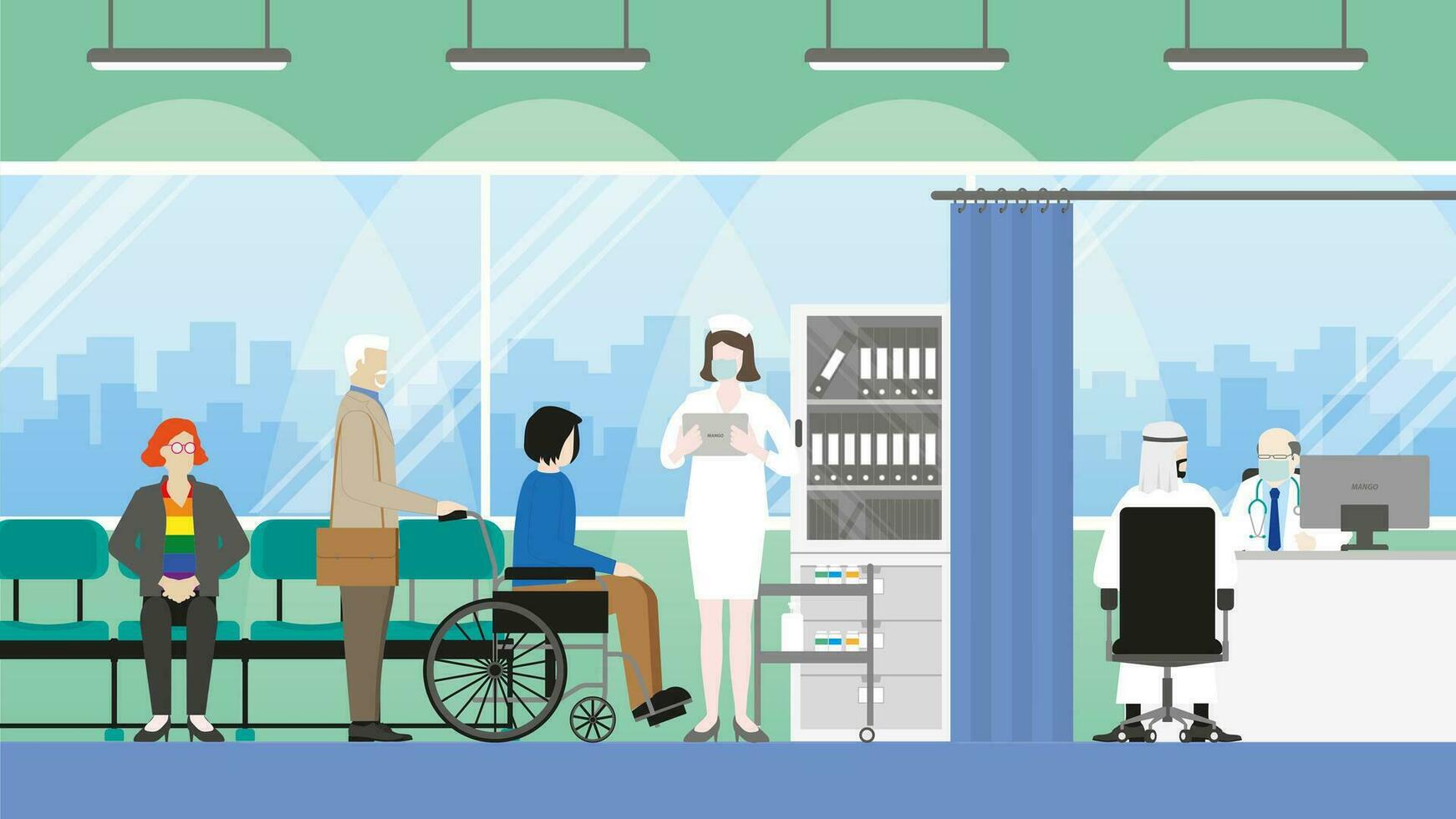Diversity patient are queuing for doctor. vector