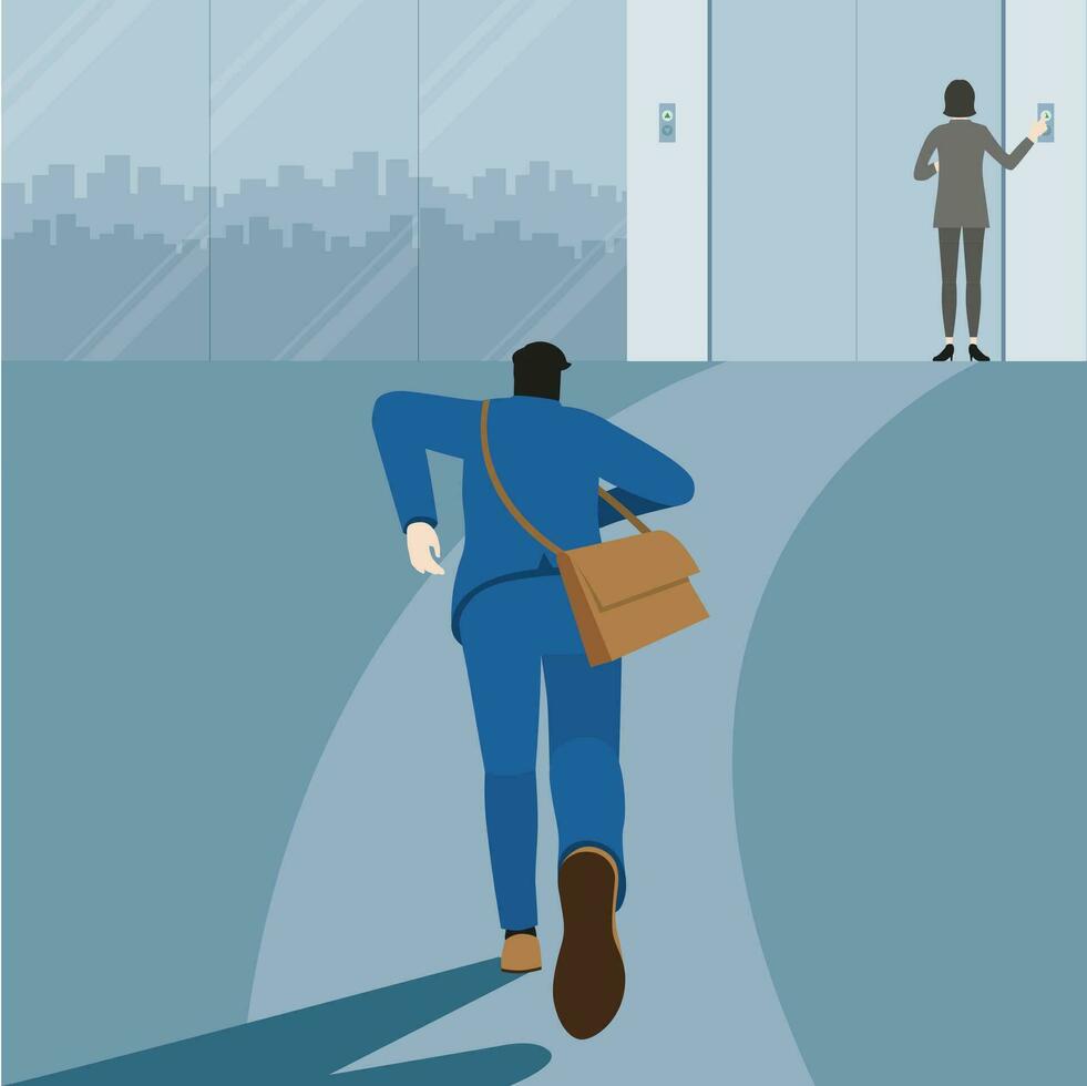 Back view of business man running to office lift hall. Hurry up to be on time vector