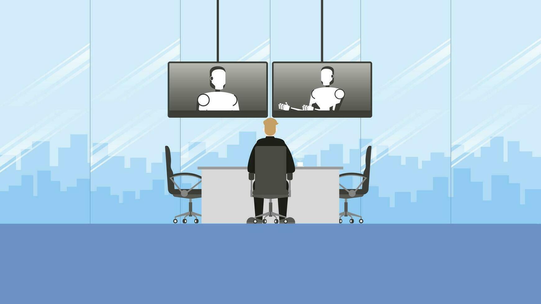 People sit and listen to the robot talking by internet from video conference. vector