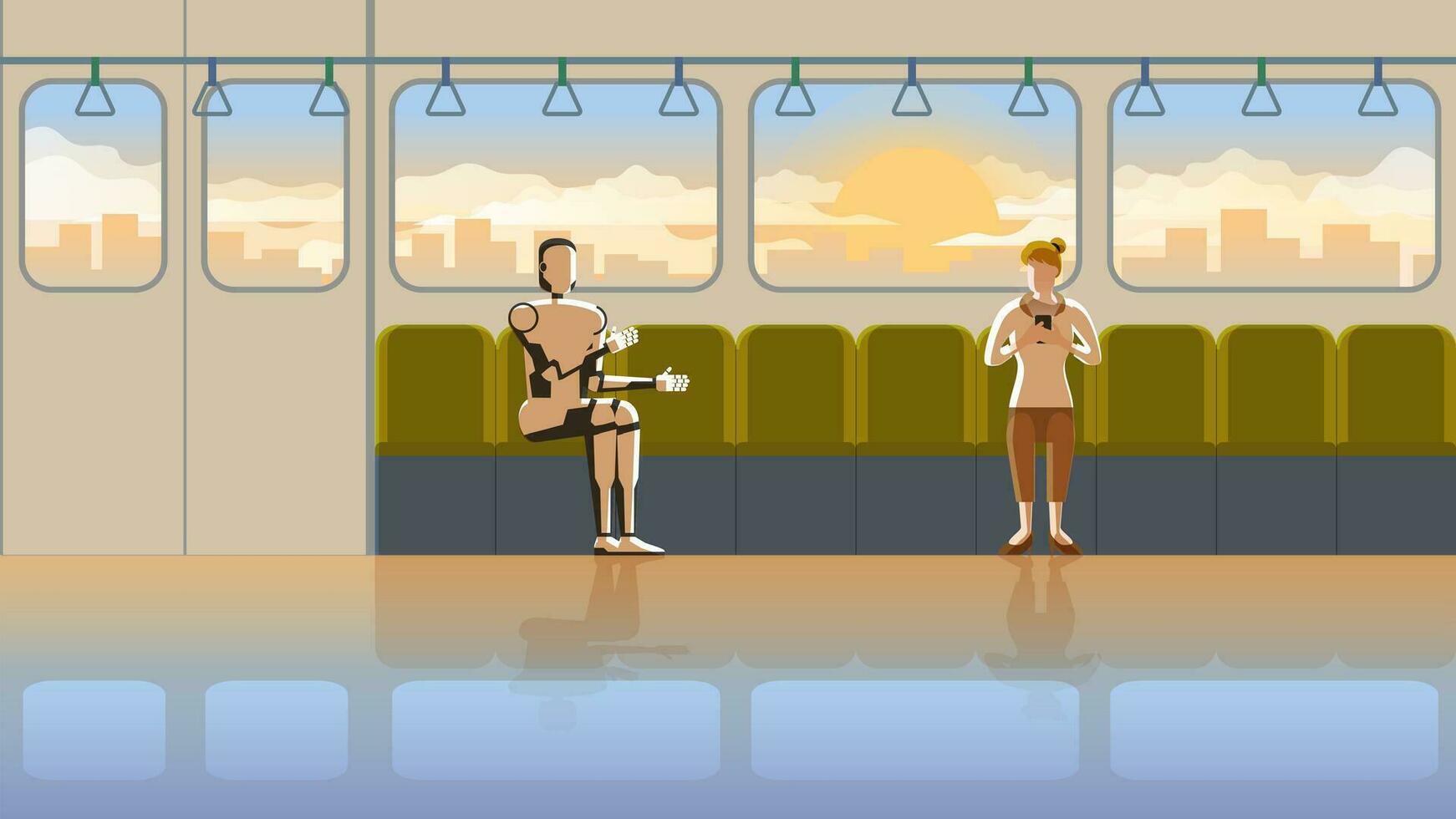 A woman listens to the robot speak chatting while using smartphone on a train public transportation vector