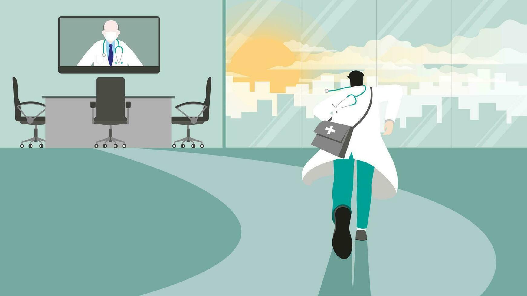 Occupation lifestyle of work hard and responsible people. Back view of a doctor vector