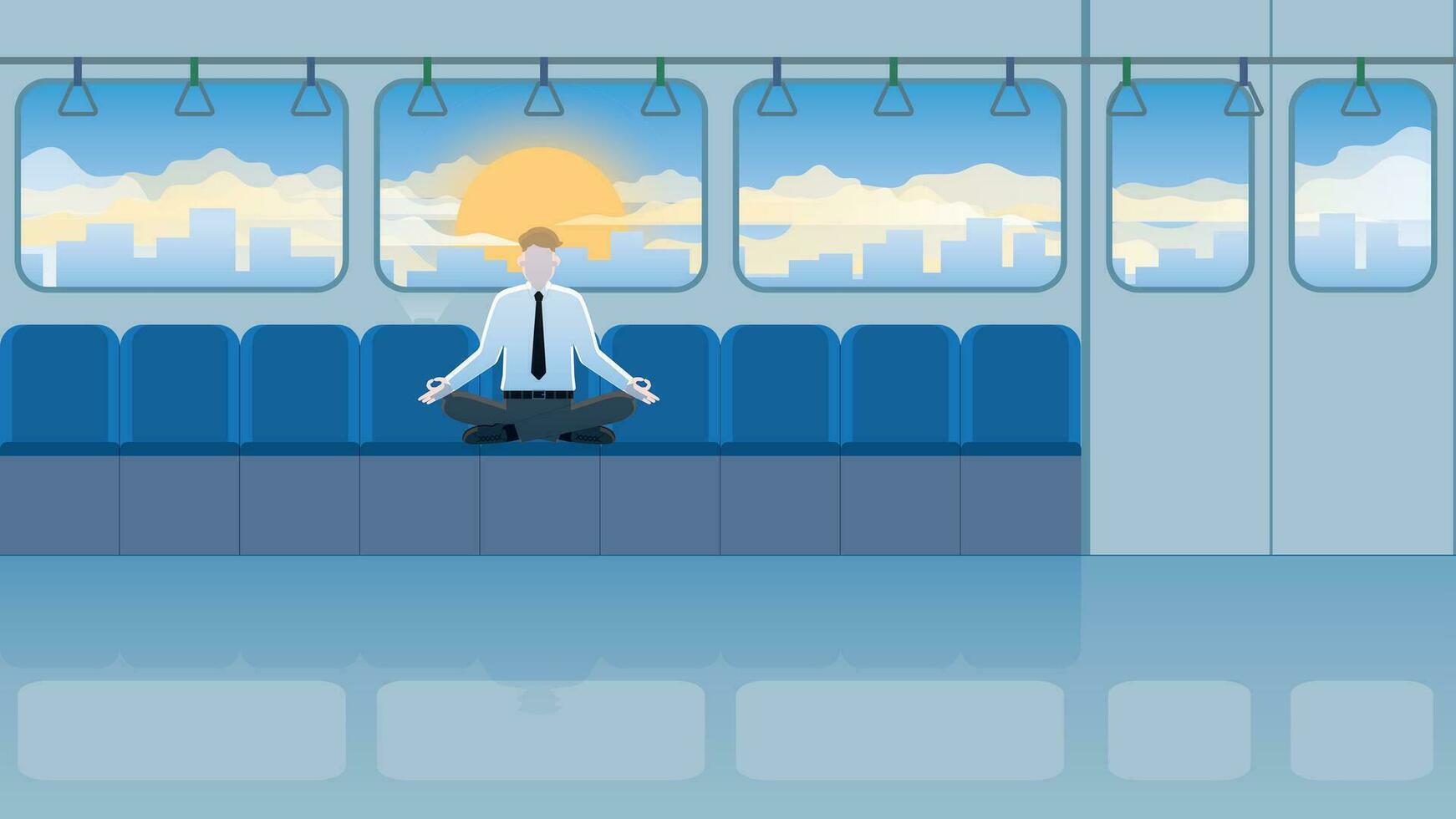 Meditation businessman sitting cross-legged on a seat in train public transportation. vector