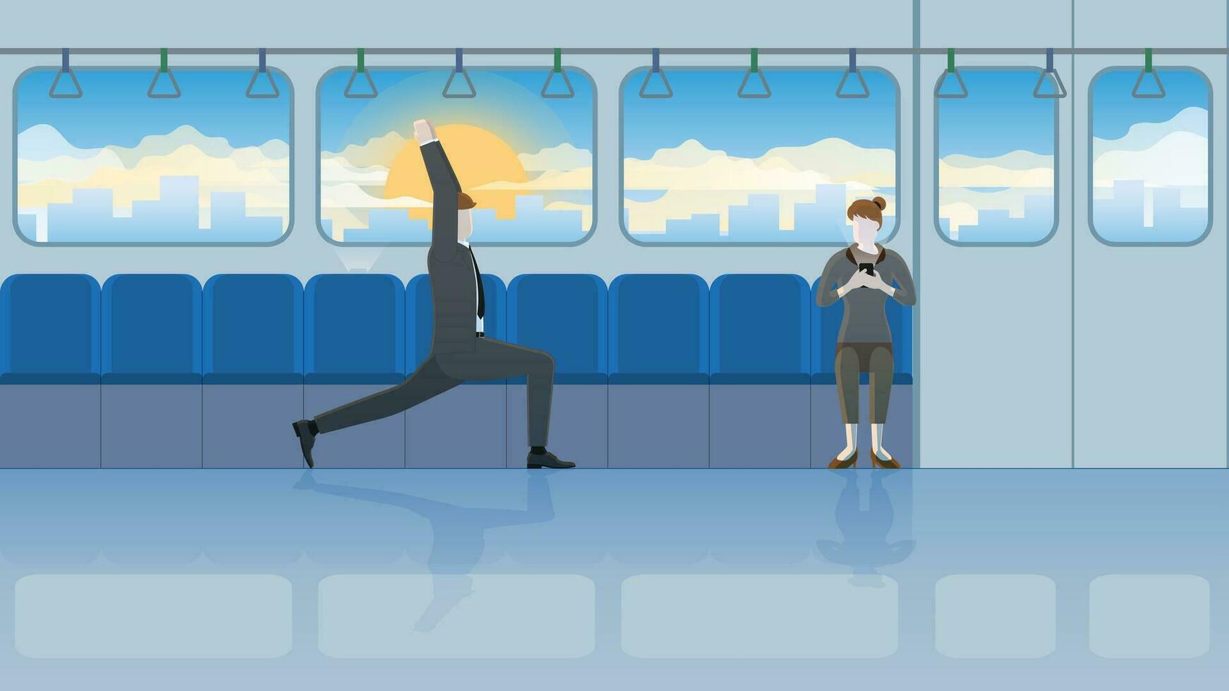 Office people relaxation after work. Yoga posture businessman does yoga pose balance in train vector