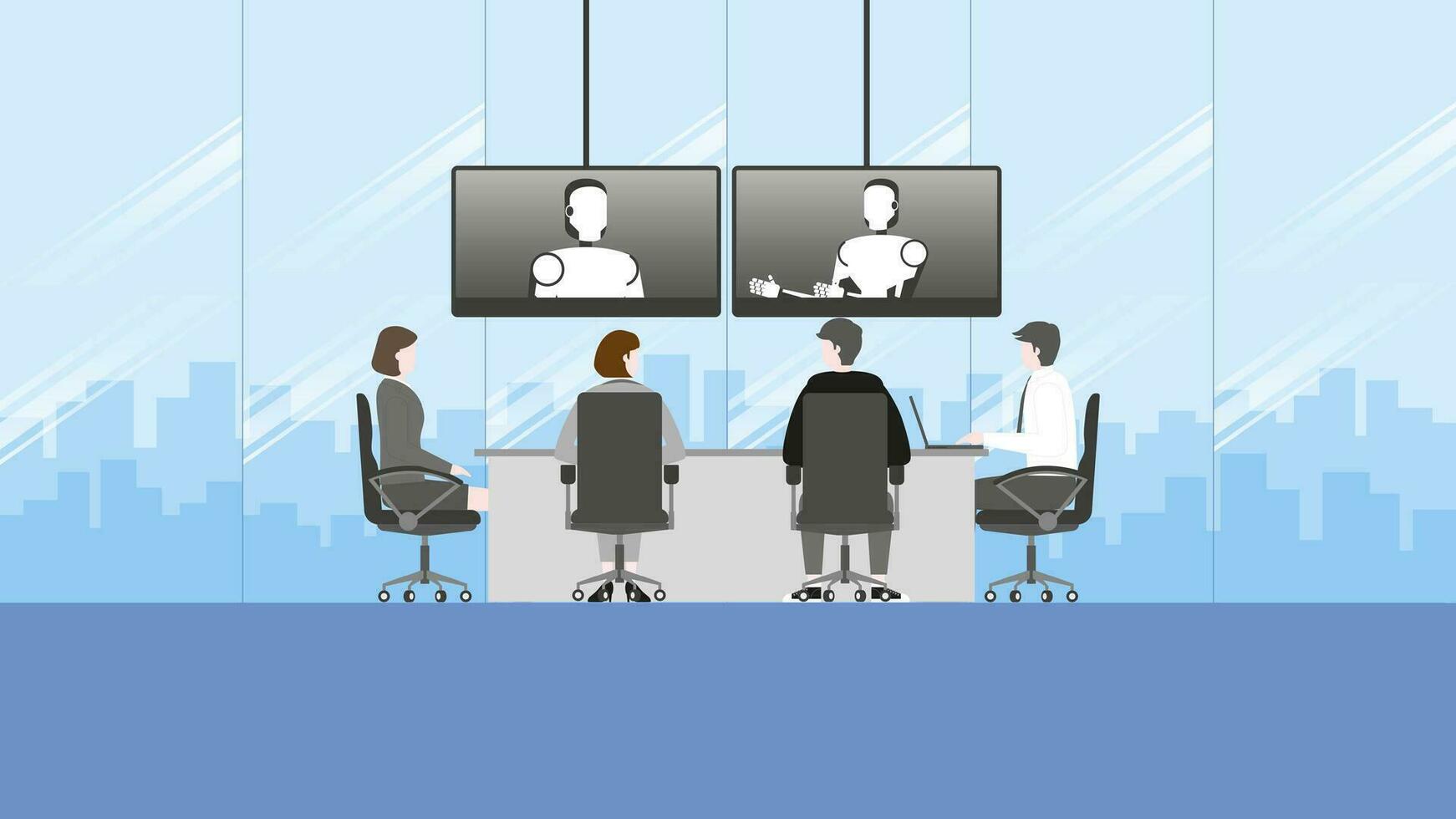 People sit and listen to the robot talking by internet from video conference in office room. vector