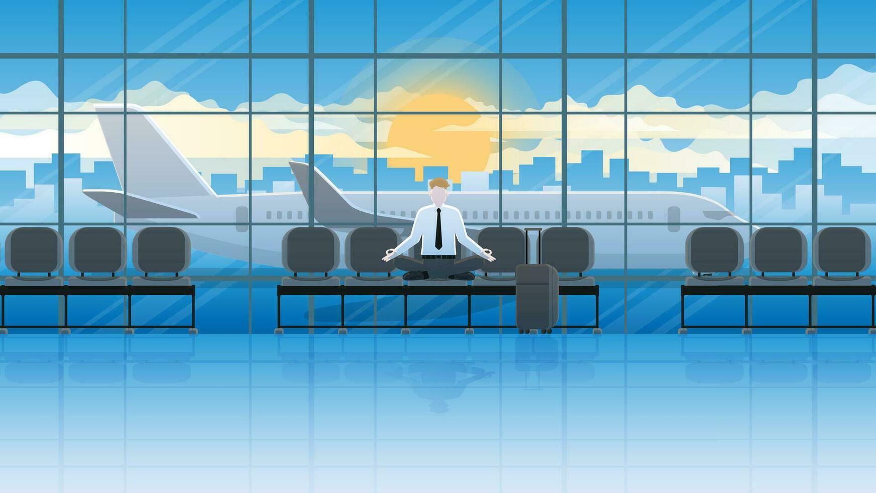 Peace of mind concept. Meditation office people sitting cross-legged on a seat at international airport. vector