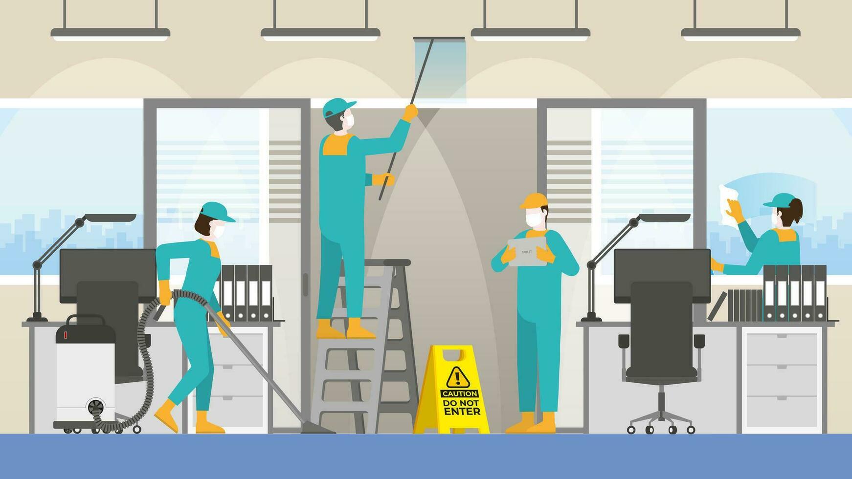 Routine everyday job concept. Cleaning team in office workplace room vector