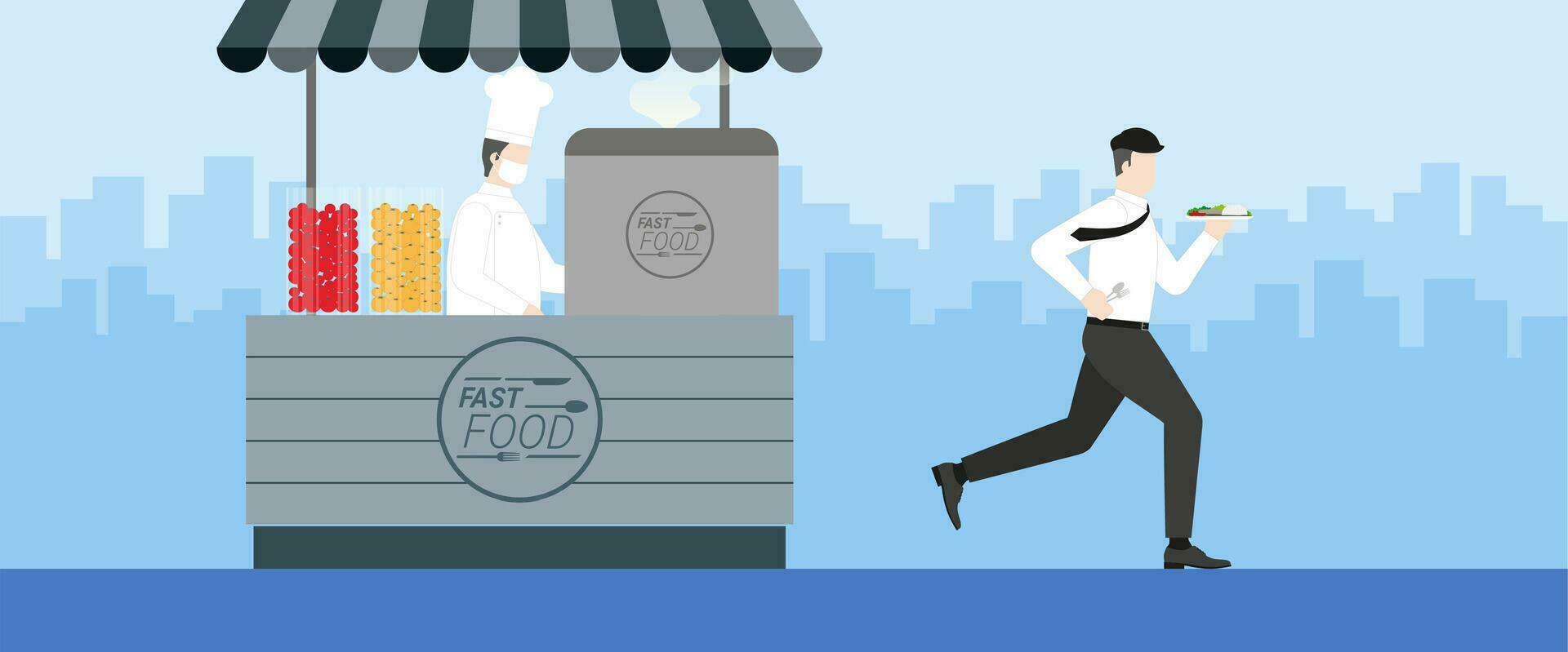 Office man run and take on the go ready to eat fast food vector