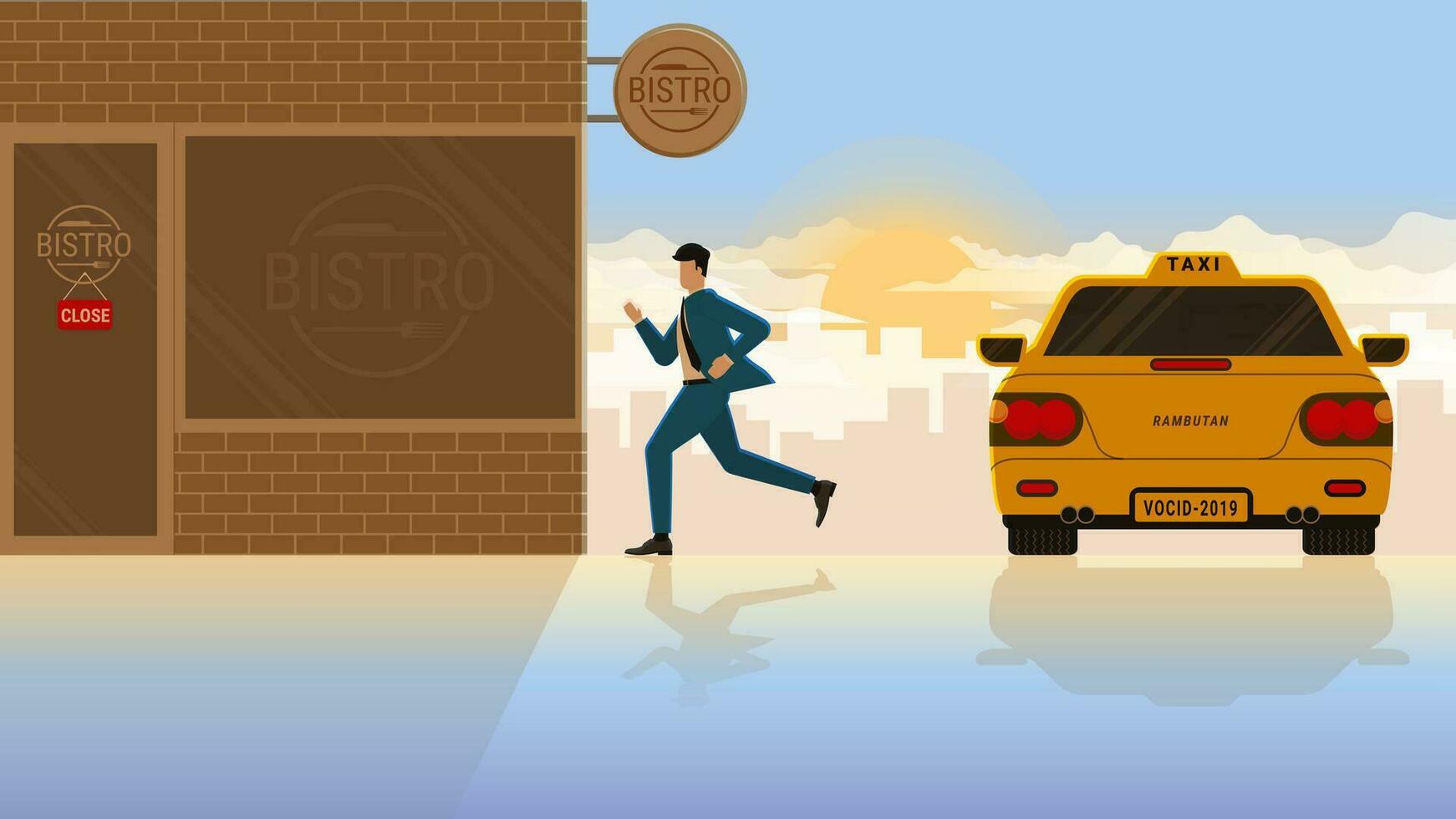 Businessman run from taxi transport to close bistro restaurant in early morning sunrise vector