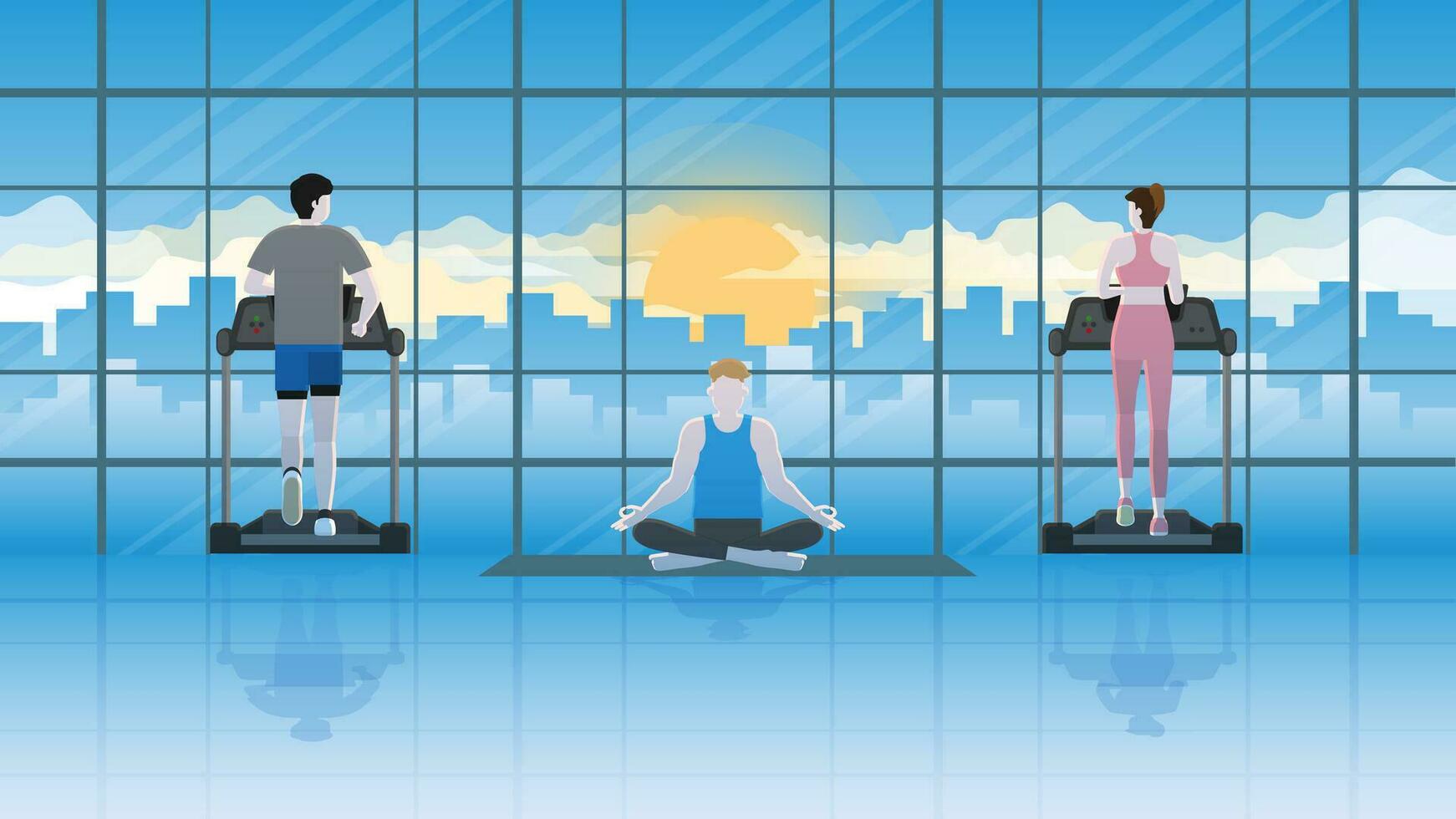 Mind and body exercise. Meditation man sitting cross-legged on yoga mat in fitness center vector