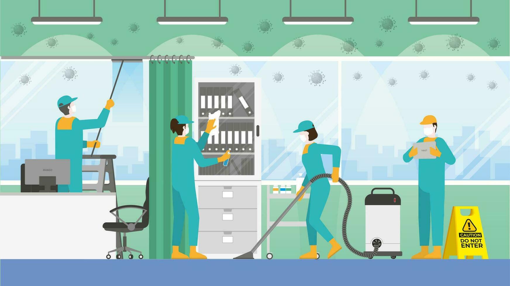 Routine cleaning crew team in doctor's office at the hospital. vector