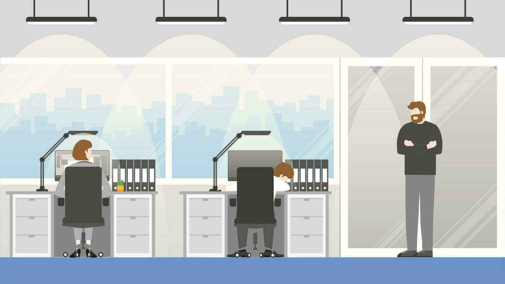 Angry boss and manager standing near exhausted employee take a nap vector