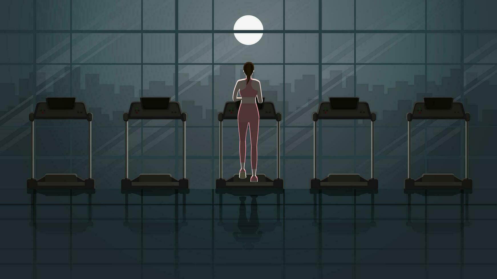 Back view of woman running on treadmill in empty fitness center at night vector